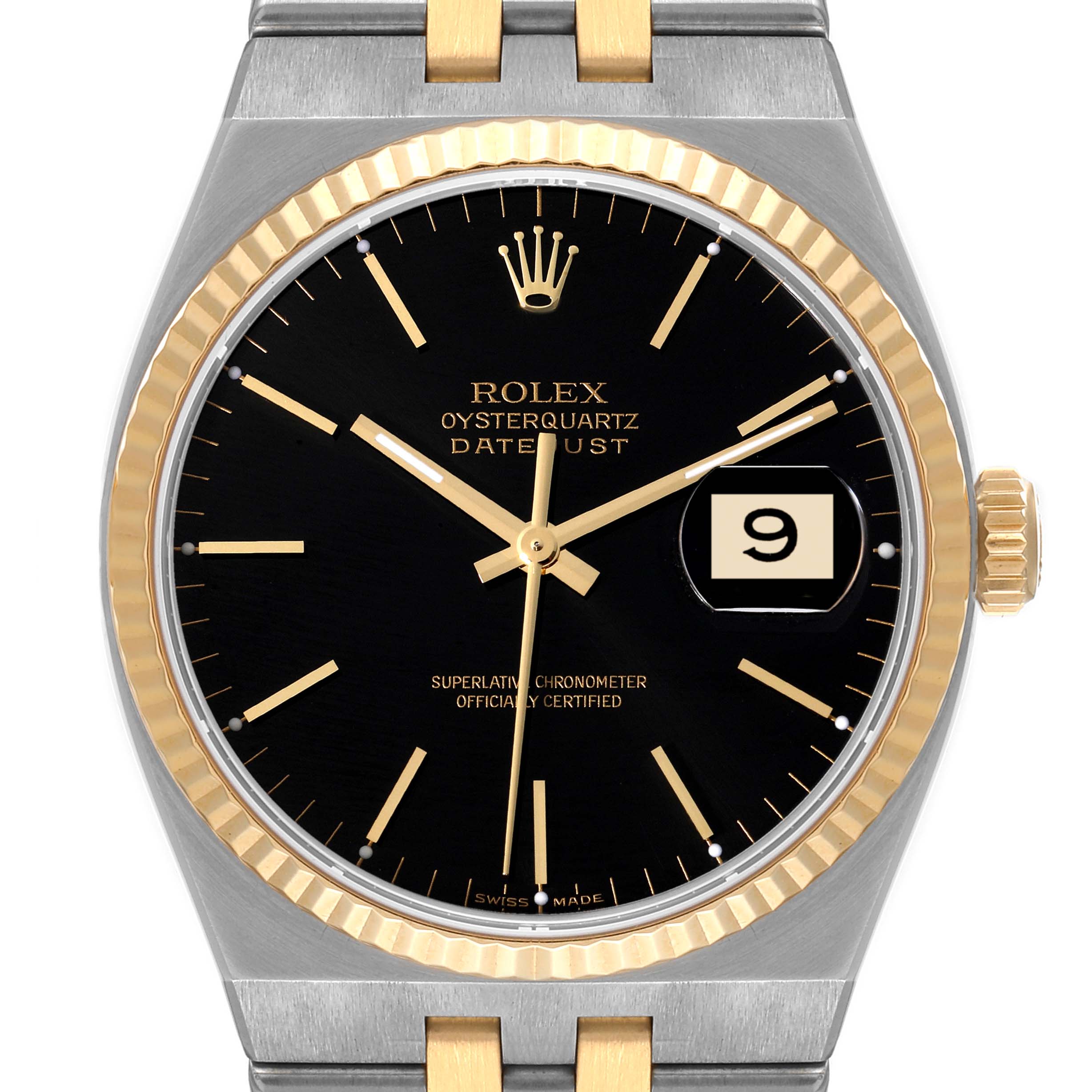 This image shows a frontal view of the Rolex Datejust 17013 Men's Steel and Gold (two tone) Black Dial 17013 Men's Steel and Gold (two tone) Black Dial Oysterquartz watch, displaying the dial, hands, date window, and crown.