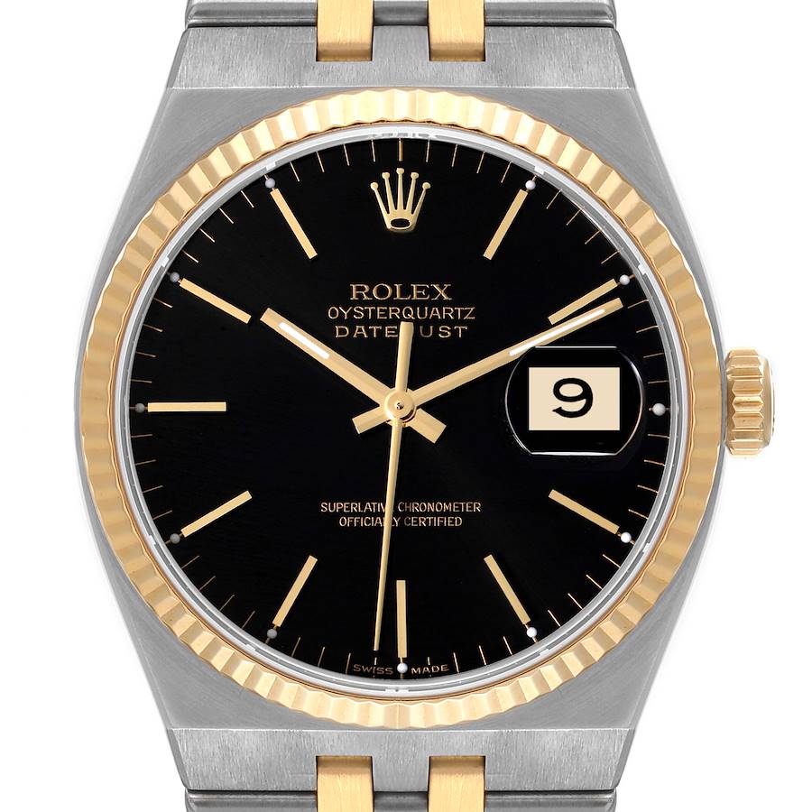 Rolex Oysterquartz Datejust Steel Yellow Gold Black Dial Watch 17013 SwissWatchExpo