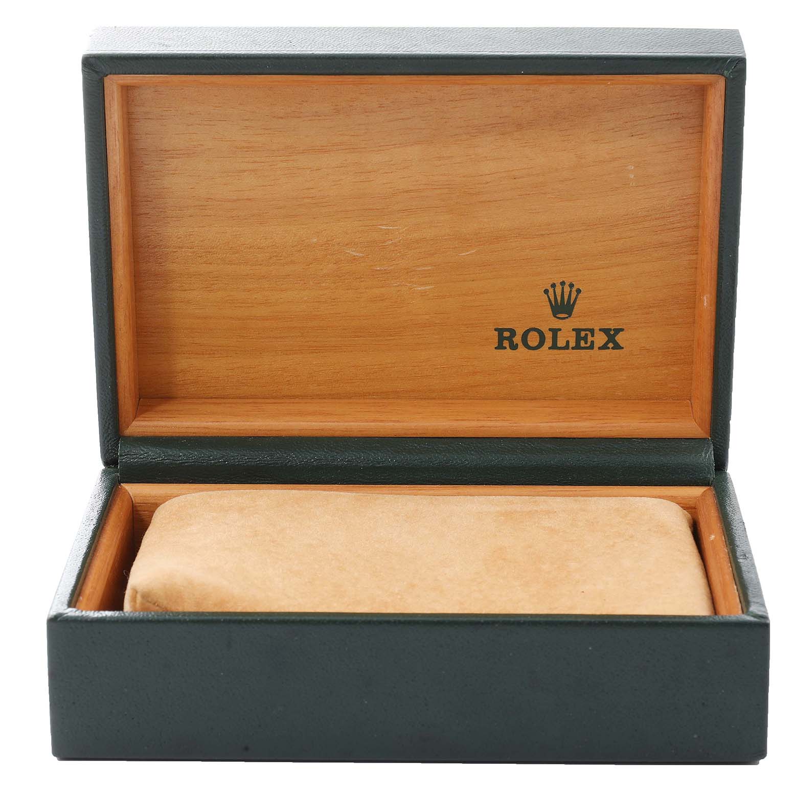 This image shows an open Rolex Datejust 17013 Men's Steel and Gold (two tone) Black Dial 17013 Men's Steel and Gold (two tone) Black Dial watch box, displaying the interior lining and the Rolex logo.