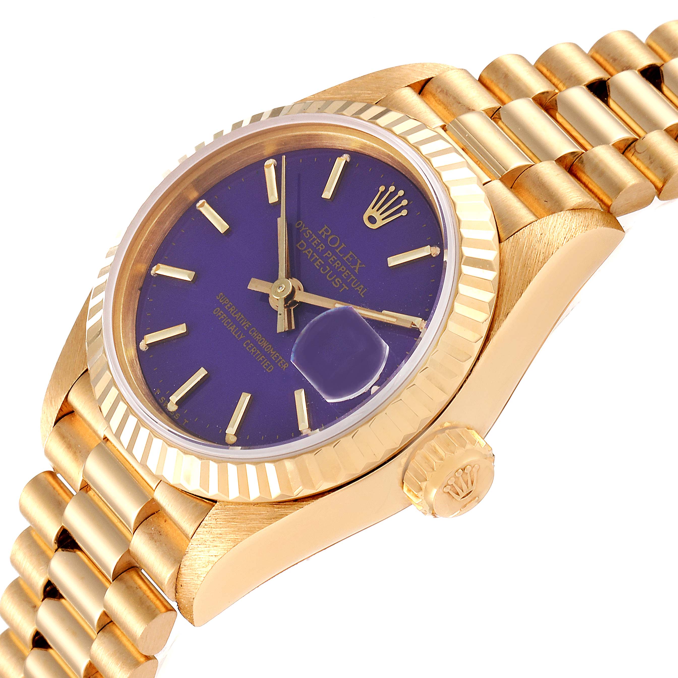 The image shows a Rolex President 69178 Women
s Yellow Gold Purple Dial 69178 Women
s Yellow Gold Purple Dial model watch at an angled view highlighting the dial, bezel, crown, and part of the bracelet.