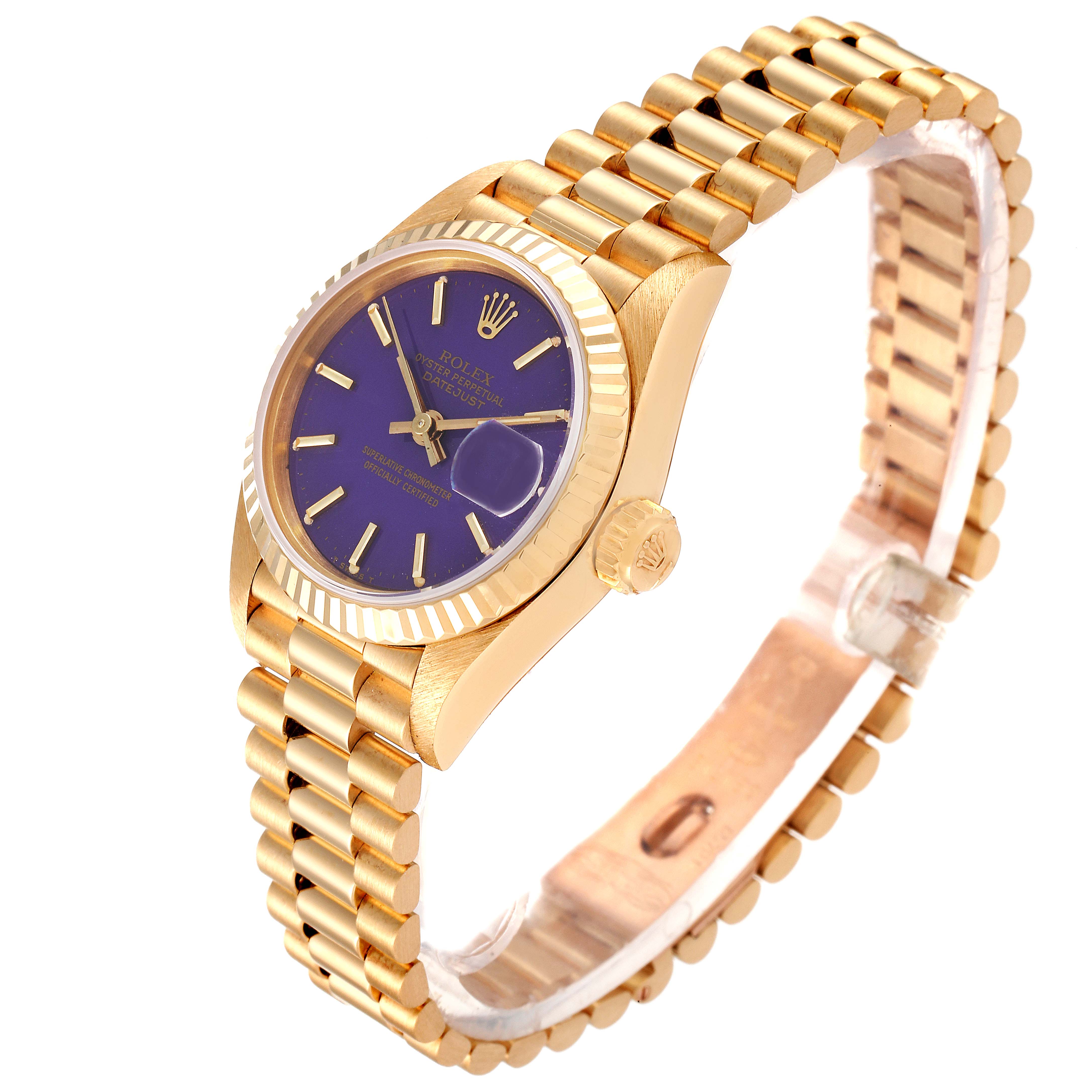 The Rolex President 69178 Women
s Yellow Gold Purple Dial 69178 Women
s Yellow Gold Purple Dial model watch is shown at an angled side-view, displaying its purple dial, gold case, fluted bezel, and President bracelet.