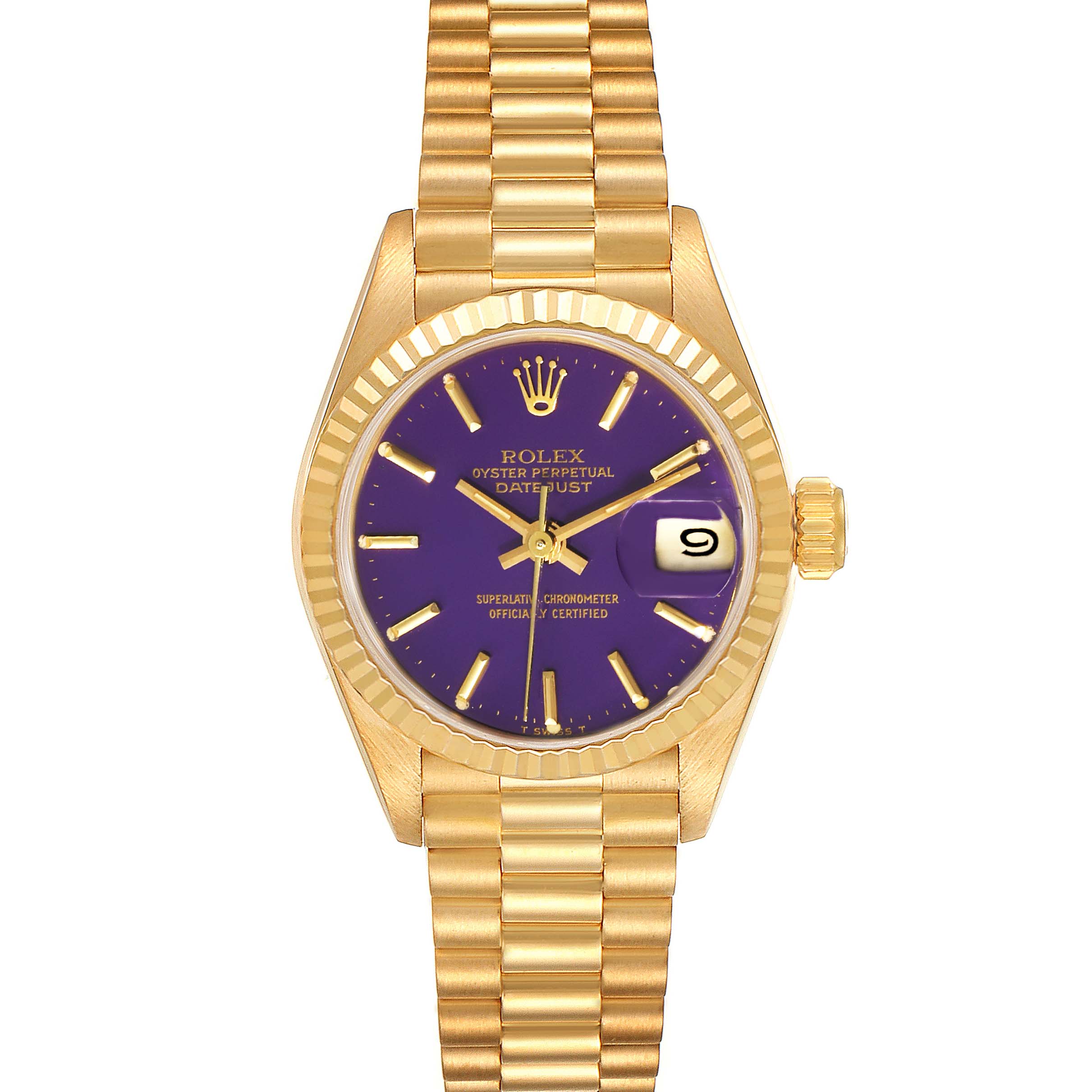 The image shows a frontal view of a Rolex President 69178 Women
s Yellow Gold Purple Dial 69178 Women
s Yellow Gold Purple Dial model watch, displaying its purple dial, gold bracelet, and date window.