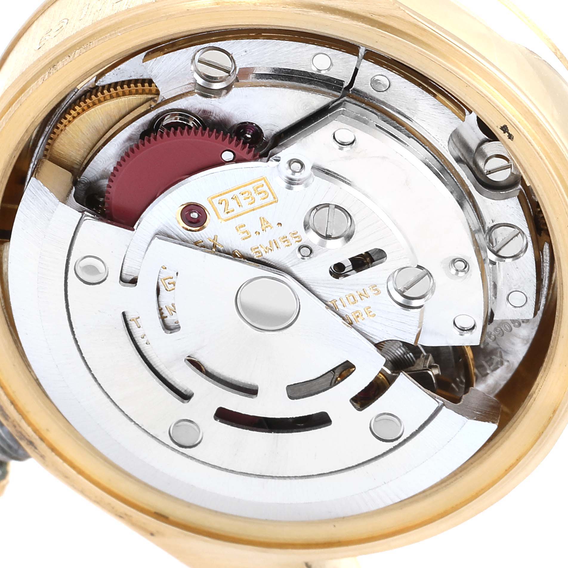 This image shows the internal mechanism of a Rolex President 69178 Women
s Yellow Gold Purple Dial 69178 Women
s Yellow Gold Purple Dial model watch, viewed from the back.