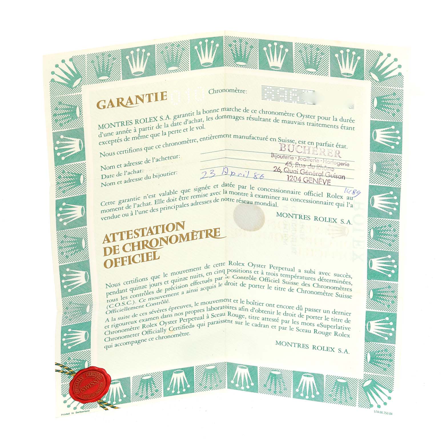 This image shows the warranty certificate for a Rolex President 69178 Women
s Yellow Gold Purple Dial 69178 Women
s Yellow Gold Purple Dial model watch, including the official chronometer certification.