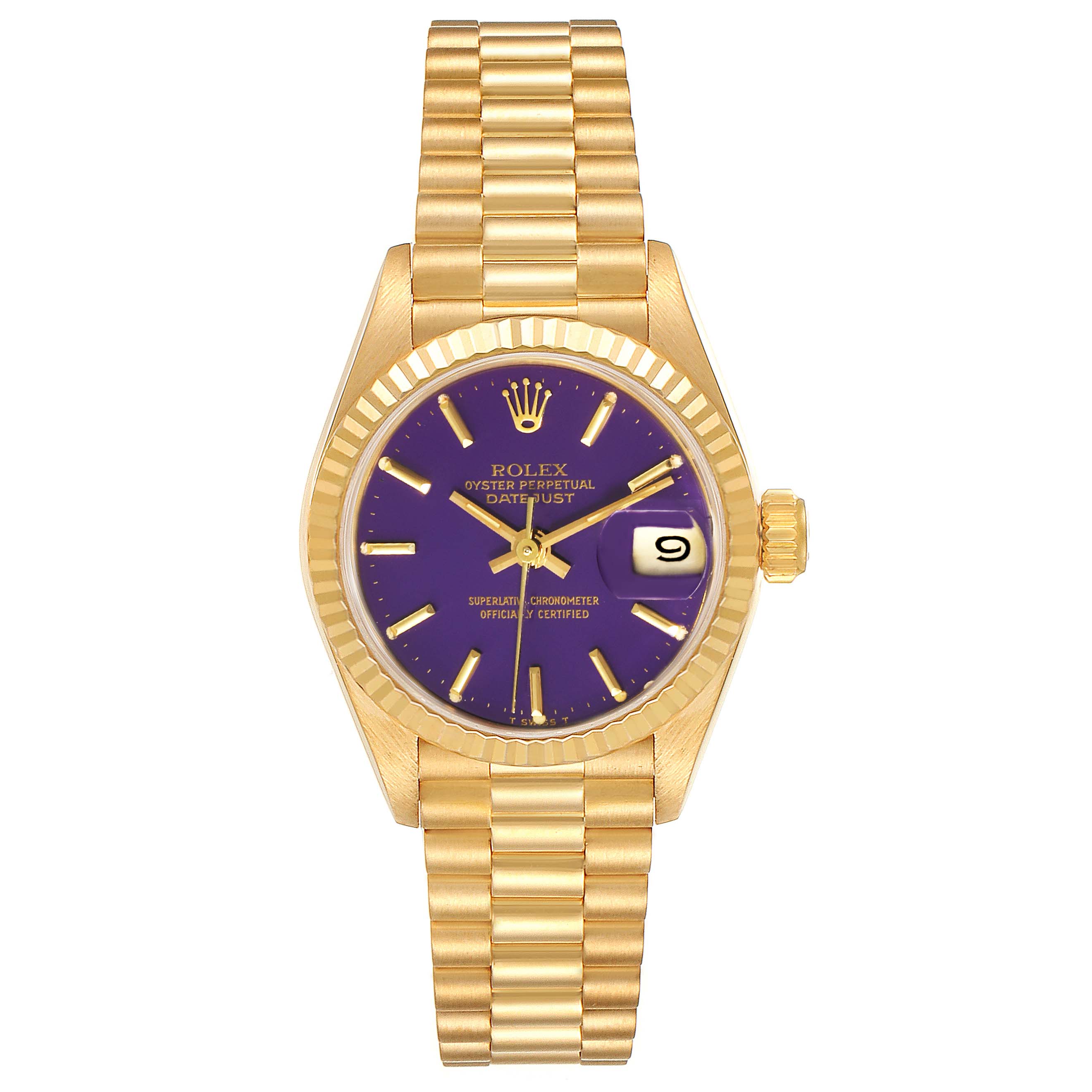 This Rolex President 69178 Women
s Yellow Gold Purple Dial 69178 Women
s Yellow Gold Purple Dial model watch is shown from a top-down angle, featuring a gold band, case, and a purple dial with date display.