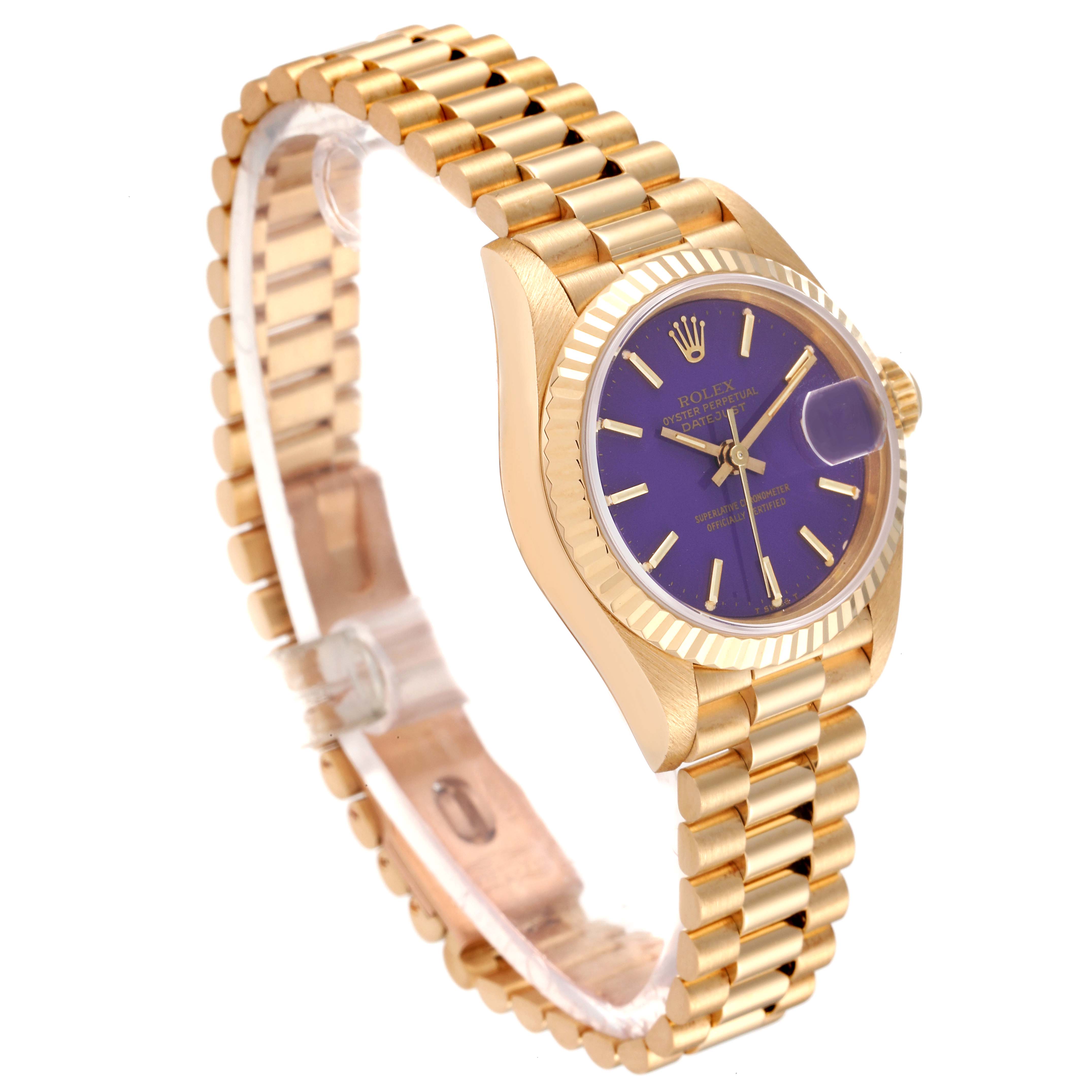 The Rolex President 69178 Women
s Yellow Gold Purple Dial 69178 Women
s Yellow Gold Purple Dial model watch is shown at a slight angle, highlighting its gold bracelet, purple dial, and fluted bezel.