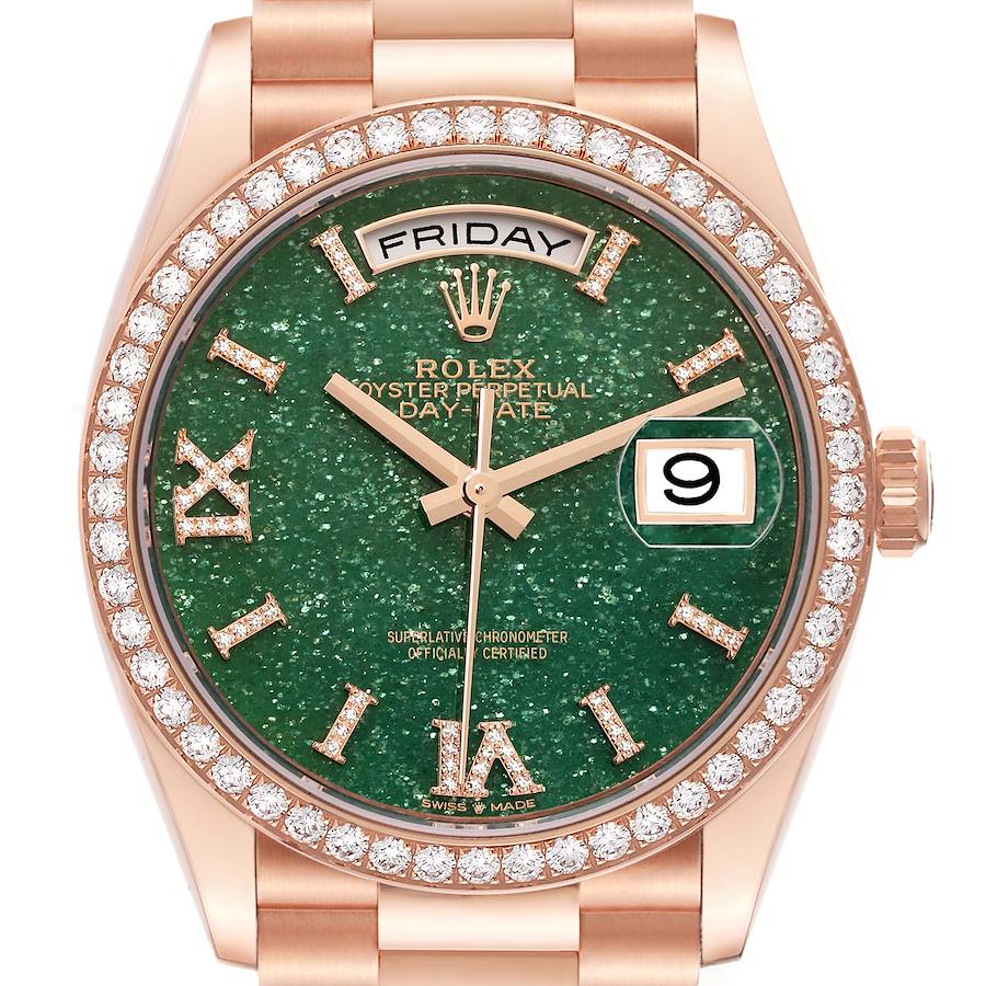 Rolex President Day Date Rose Gold Green Aventurine Diamond Watch 128345 Unworn SwissWatchExpo