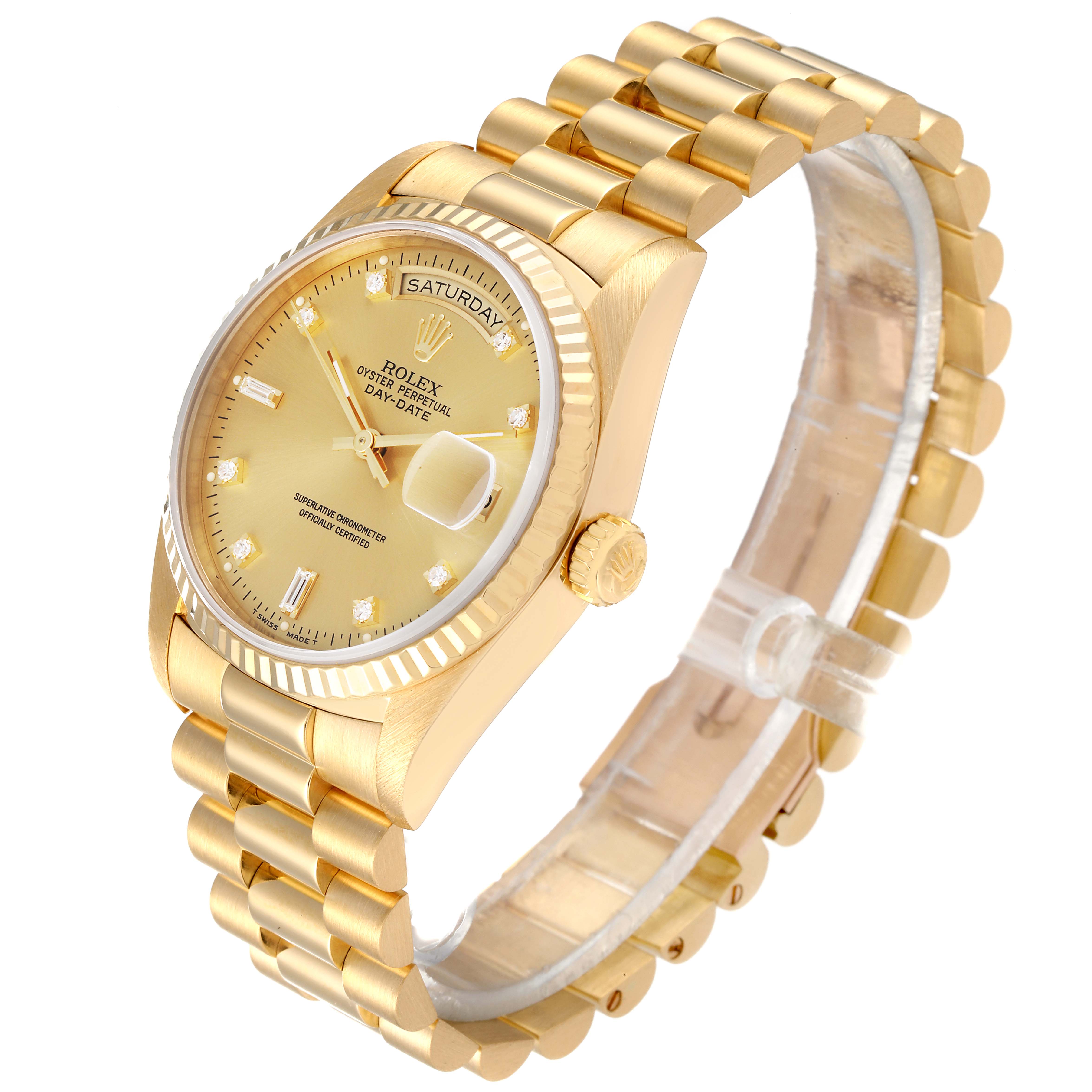 The image shows a Rolex President 18238 Men's Yellow Gold Champagne Dial 18238 Men's Yellow Gold Champagne Dial model watch at a three-quarter angle, highlighting the dial, bezel, bracelet, and crown.