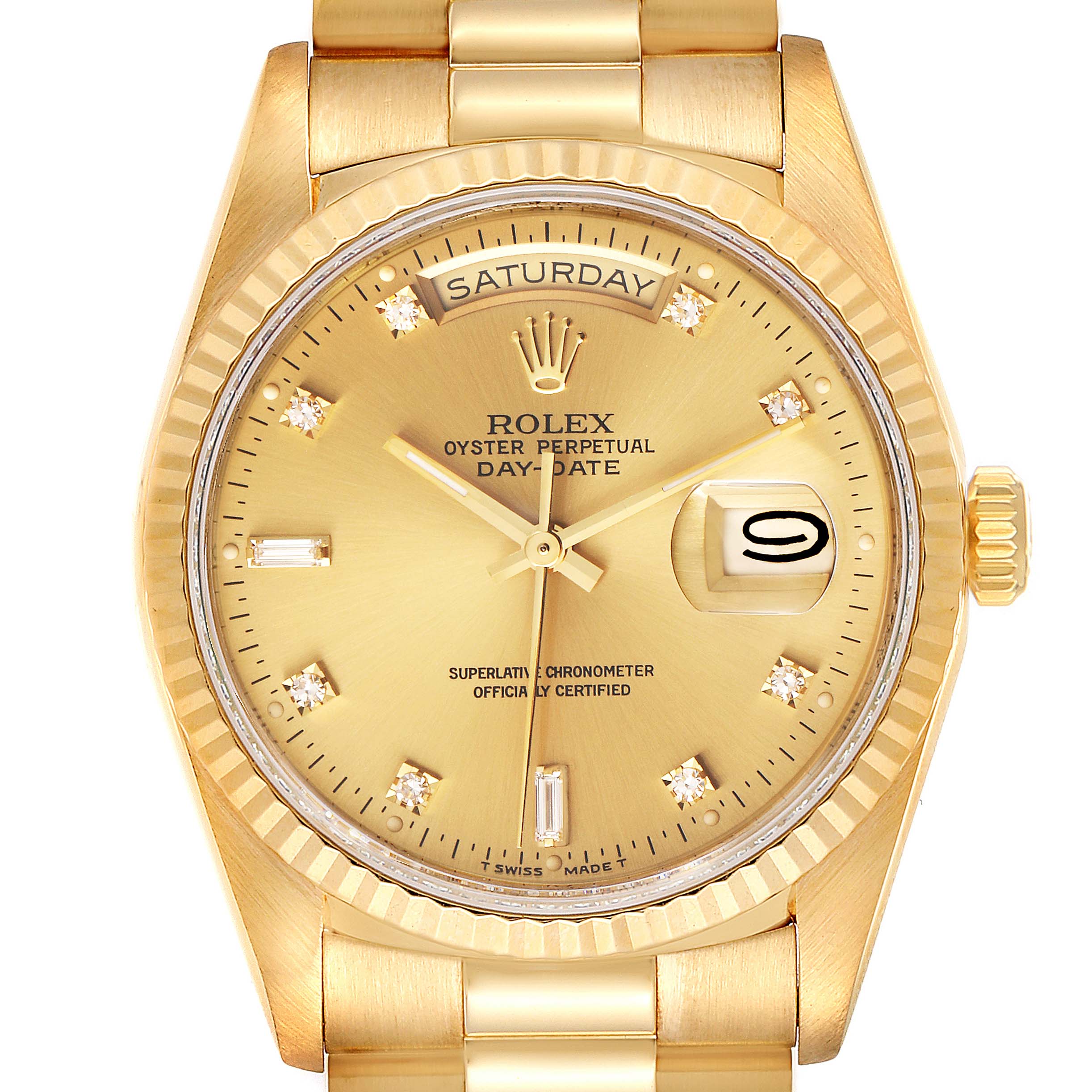 The image shows a front view of a Rolex President 18238 Men's Yellow Gold Champagne Dial 18238 Men's Yellow Gold Champagne Dial model watch, highlighting its dial, day-date display, and gold bracelet.