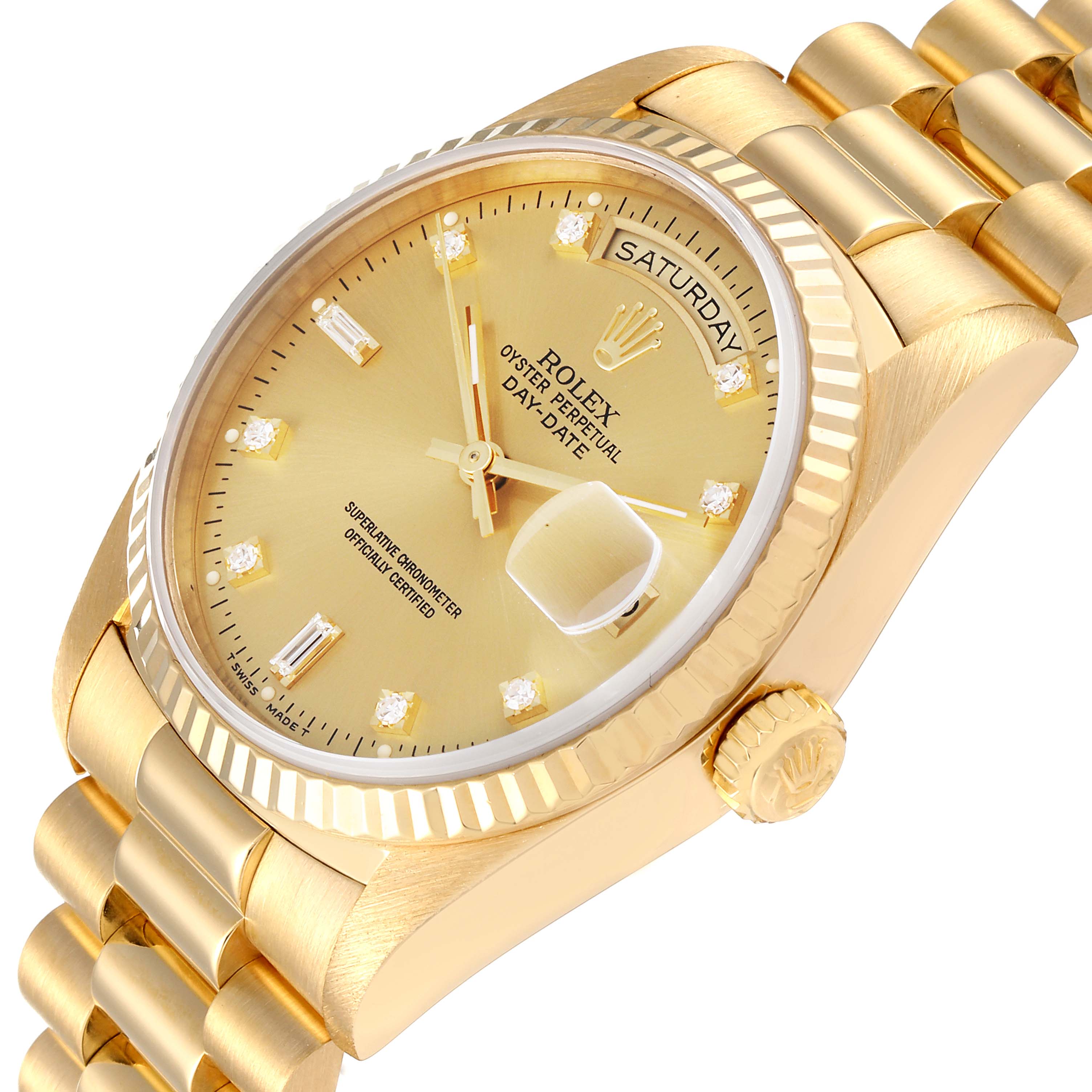 This image shows an angled close-up of the Rolex Oyster Perpetual Day-Date President model, highlighting the dial and bracelet.