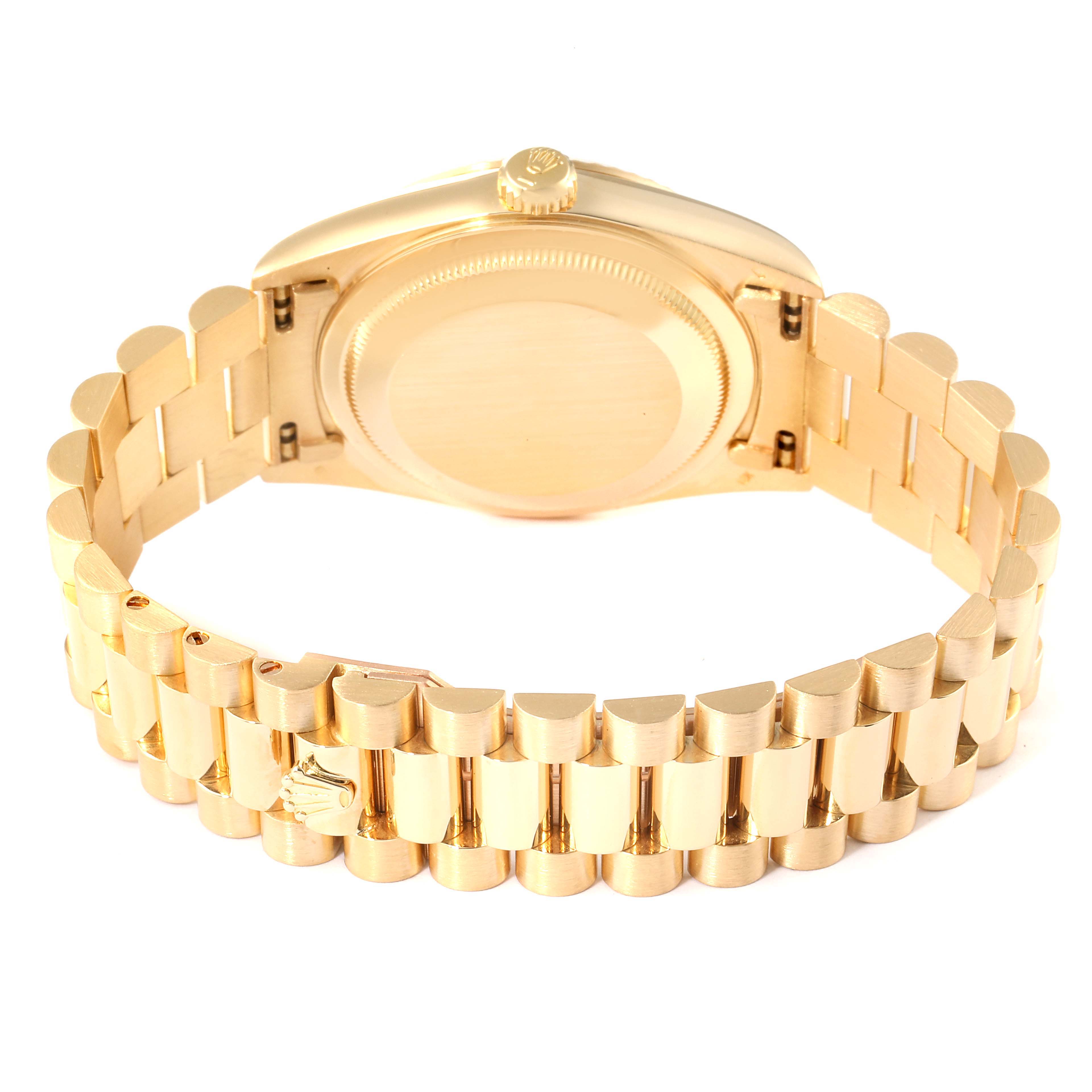 The image shows the back and band of a Rolex President 18238 Men's Yellow Gold Champagne Dial 18238 Men's Yellow Gold Champagne Dial model watch from a rear angle.
