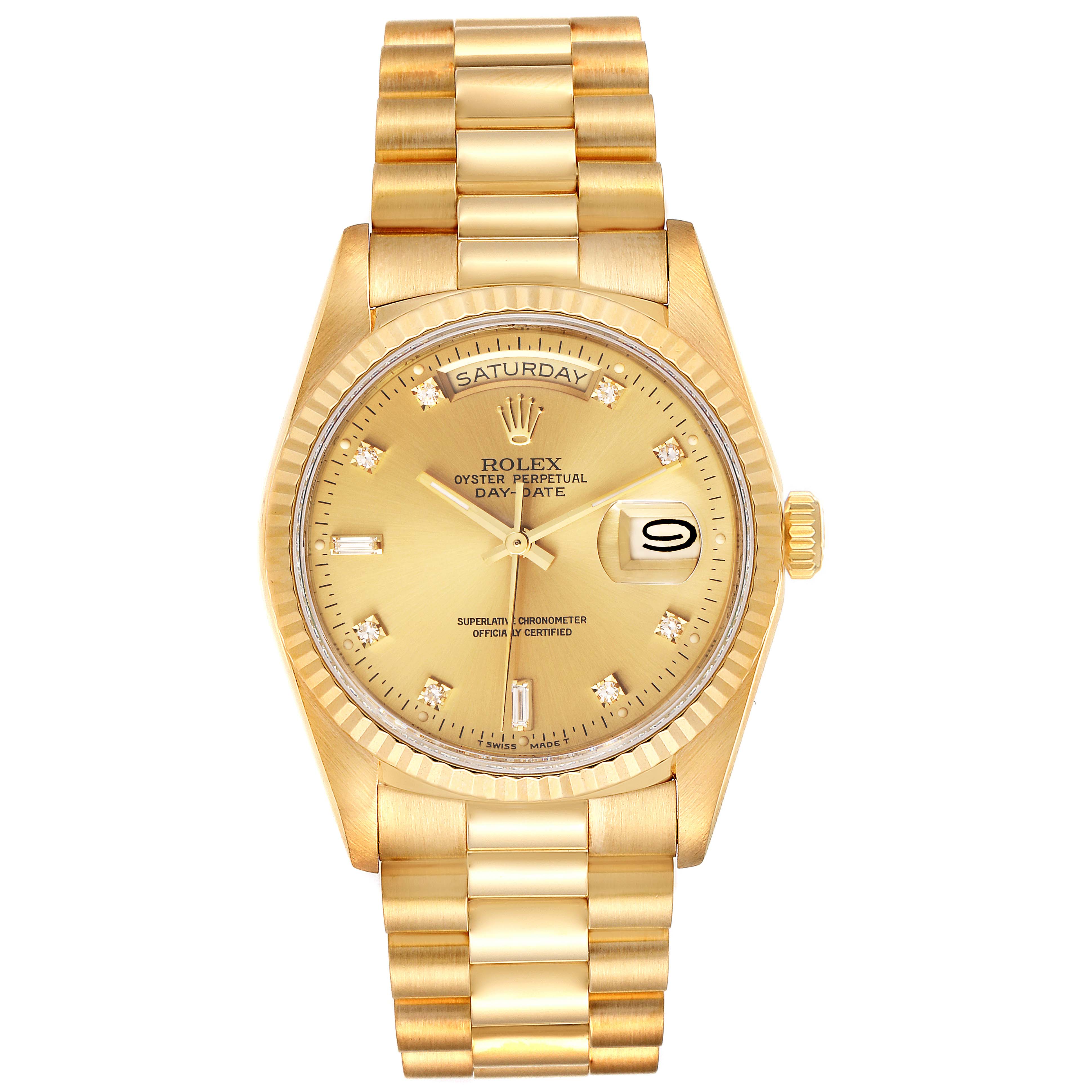 The Rolex President 18238 Men's Yellow Gold Champagne Dial 18238 Men's Yellow Gold Champagne Dial model is shown from the front, featuring its gold case, bracelet, and day-date display with diamonds on the dial.