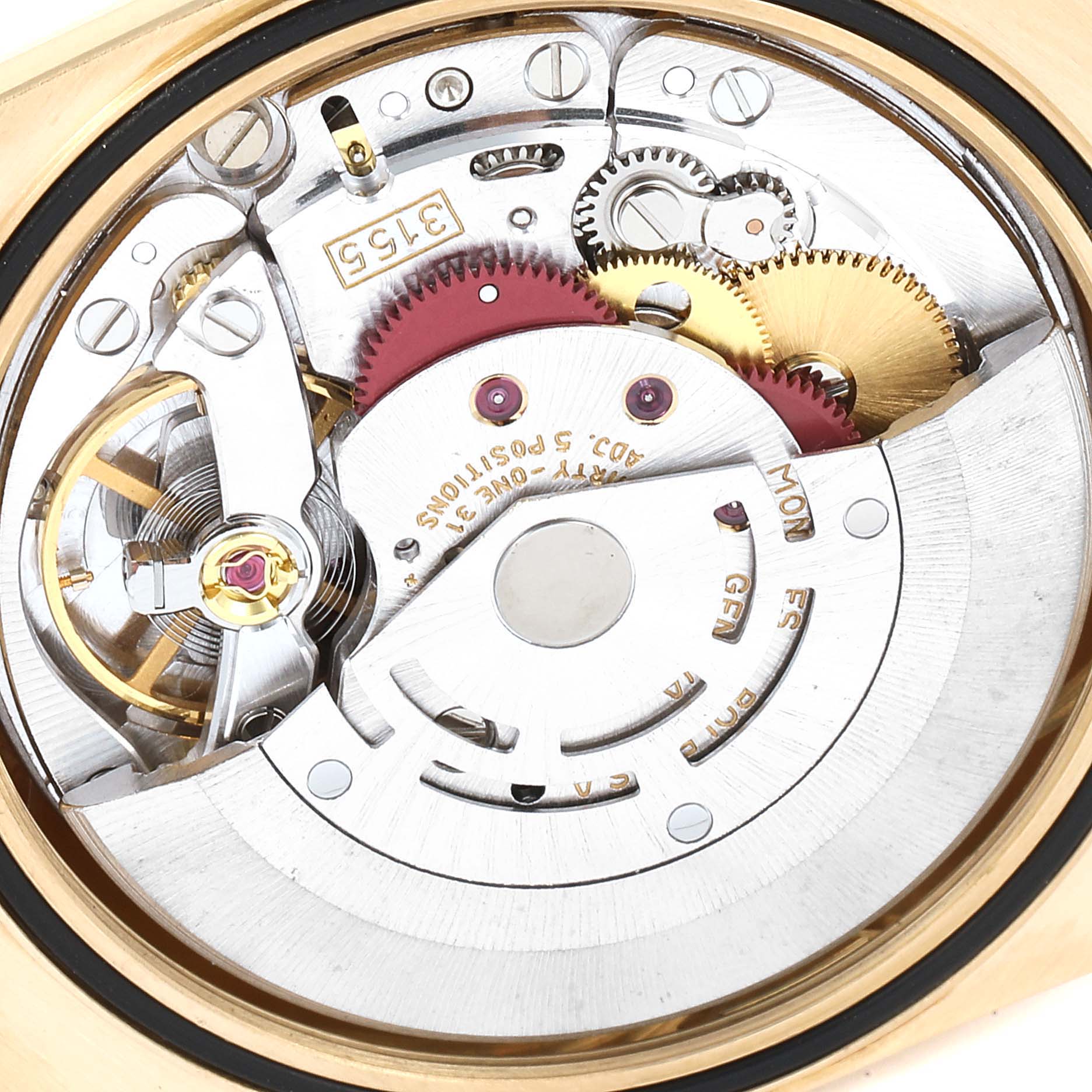 This image shows the inner mechanical movement of a Rolex President 18238 Men's Yellow Gold Champagne Dial 18238 Men's Yellow Gold Champagne Dial model watch from a top-down angle.
