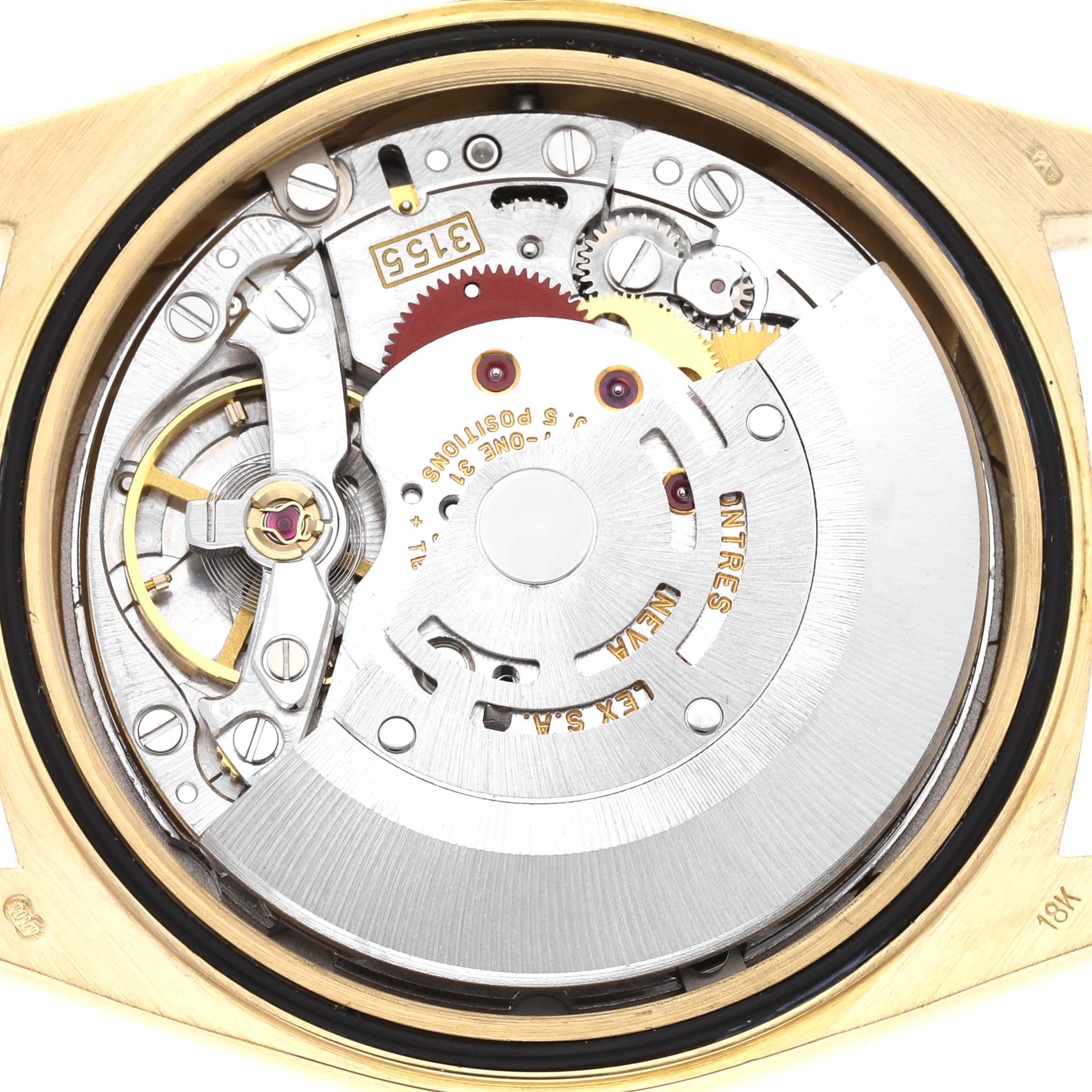 The image shows the movement and inner workings of the Rolex President 18238 Men's Yellow Gold Black Dial 18238 Men's Yellow Gold Black Dial model watch from a backside view.
