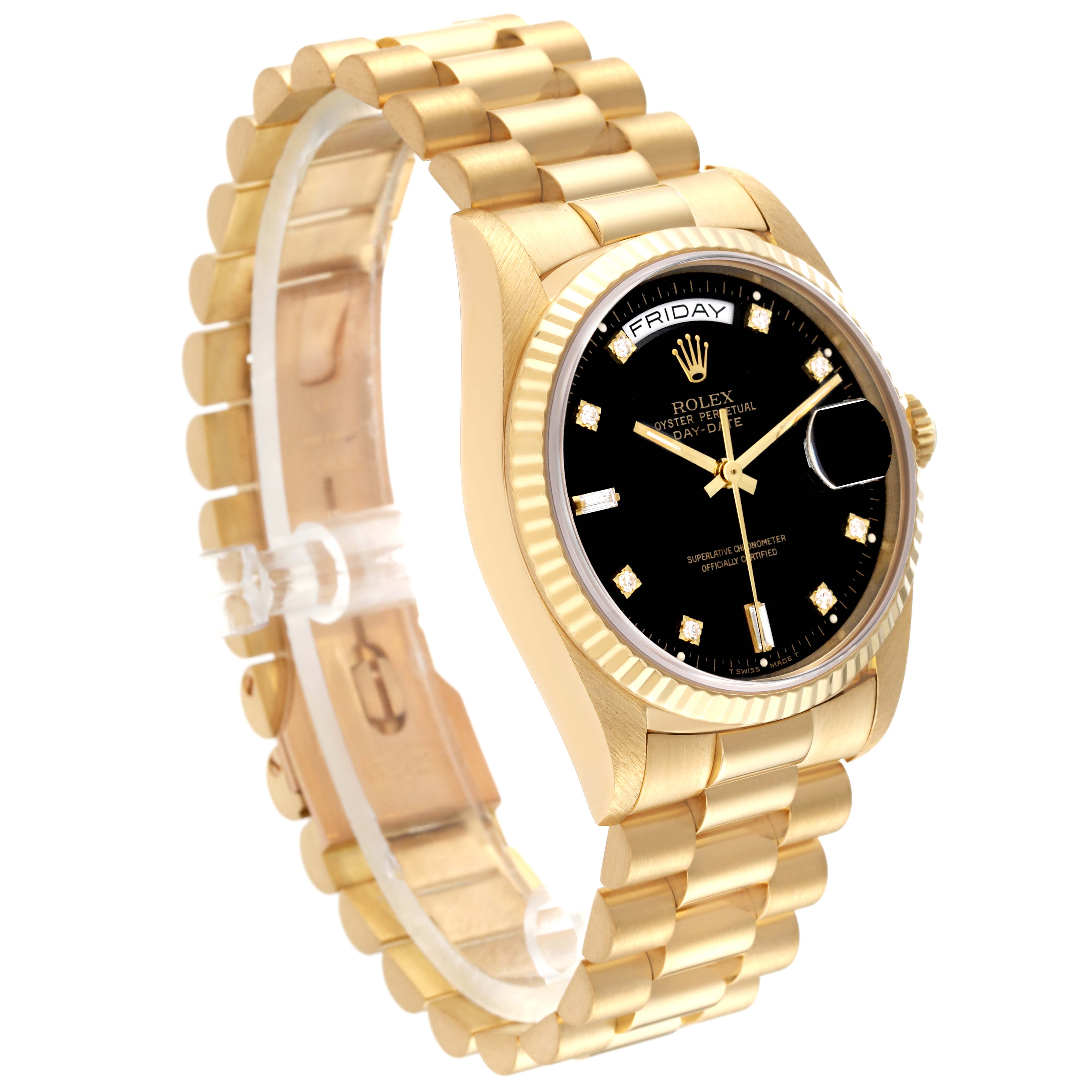 The image shows a Rolex President 18238 Men's Yellow Gold Black Dial 18238 Men's Yellow Gold Black Dial model watch at a 3/4 angle, highlighting the gold band, black dial, and fluted bezel.