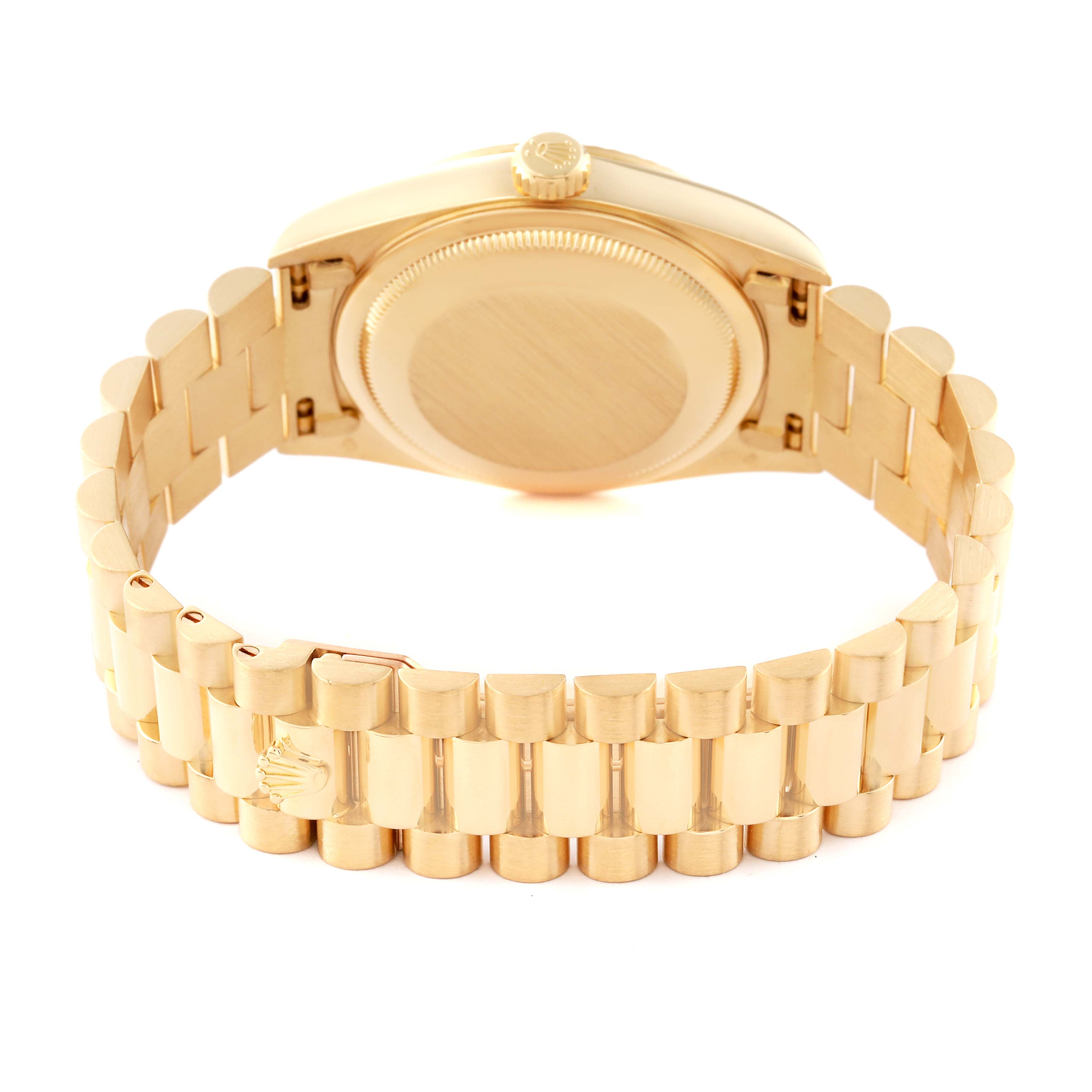 This image shows the back view of a Rolex President 18238 Men's Yellow Gold Black Dial 18238 Men's Yellow Gold Black Dial model watch, highlighting the case back, bracelet, and clasp.