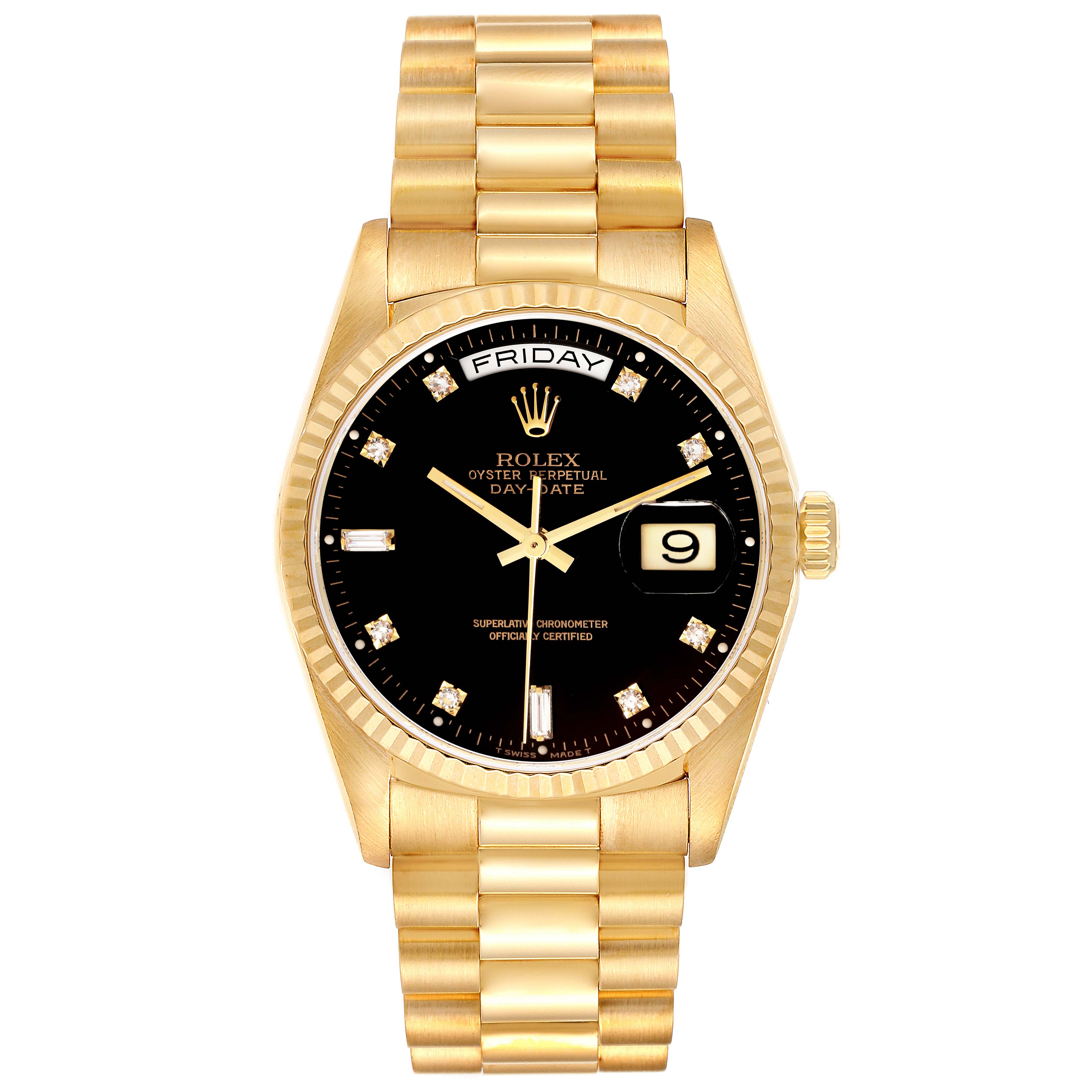 This image shows a frontal view of the Rolex President 18238 Men's Yellow Gold Black Dial 18238 Men's Yellow Gold Black Dial model featuring a gold band and black dial with day and date displays.