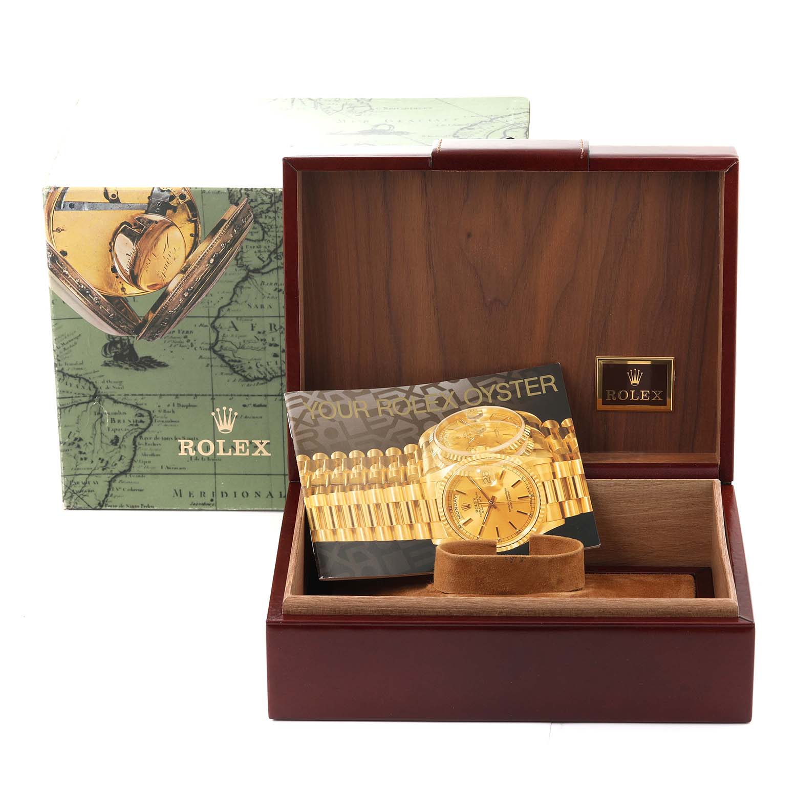 The image shows the packaging and box of a Rolex President 18238 Men's Yellow Gold Black Dial 18238 Men's Yellow Gold Black Dial watch, including the outer box, wooden display box, and documents.
