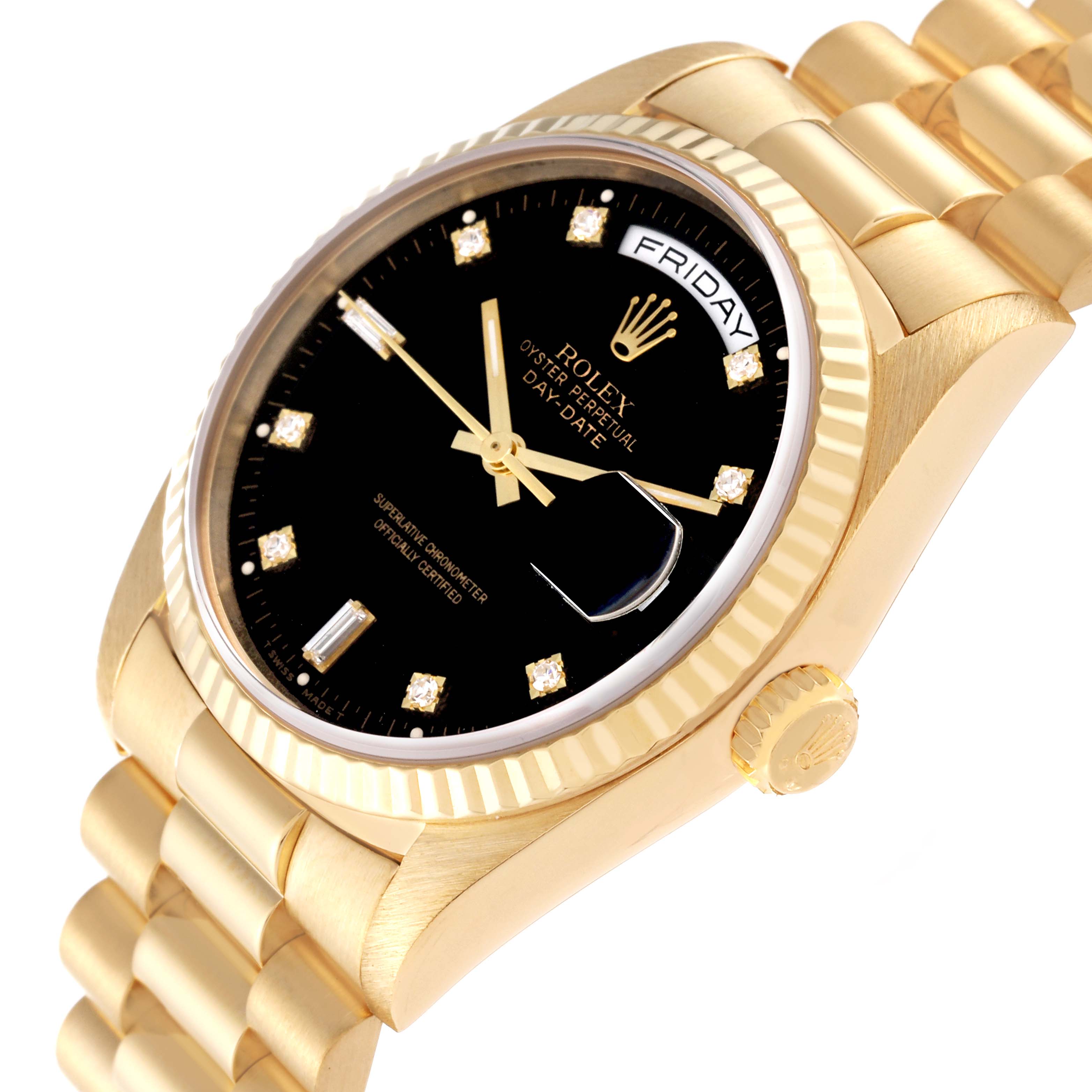 The Rolex President 18238 Men's Yellow Gold Black Dial 18238 Men's Yellow Gold Black Dial model watch is shown at a slight angle, highlighting the gold case, black dial, day-date display, and fluted bezel.