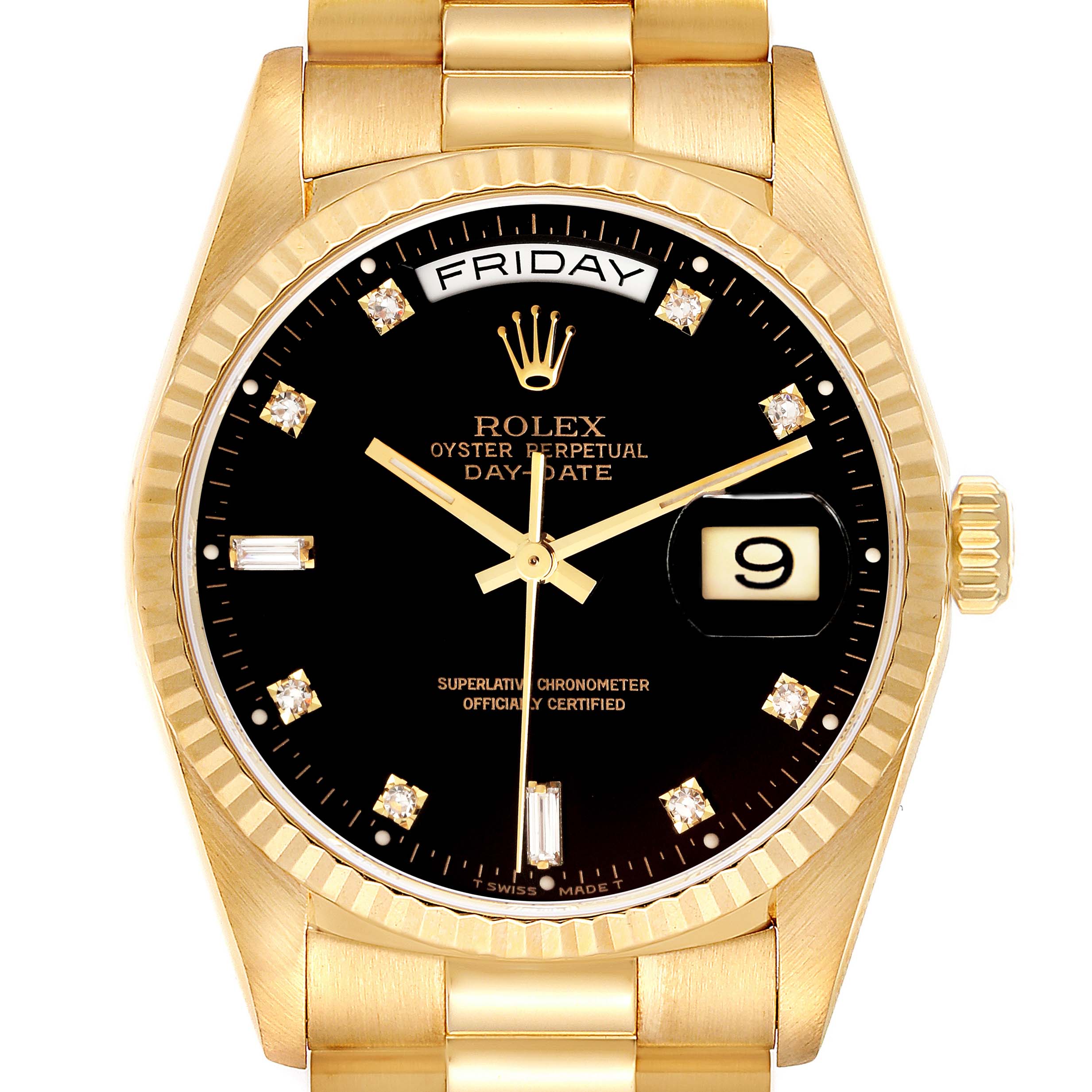 Front view of a Rolex President 18238 Men's Yellow Gold Black Dial 18238 Men's Yellow Gold Black Dial model watch showing the dial, day and date display, hands, and part of the bracelet.