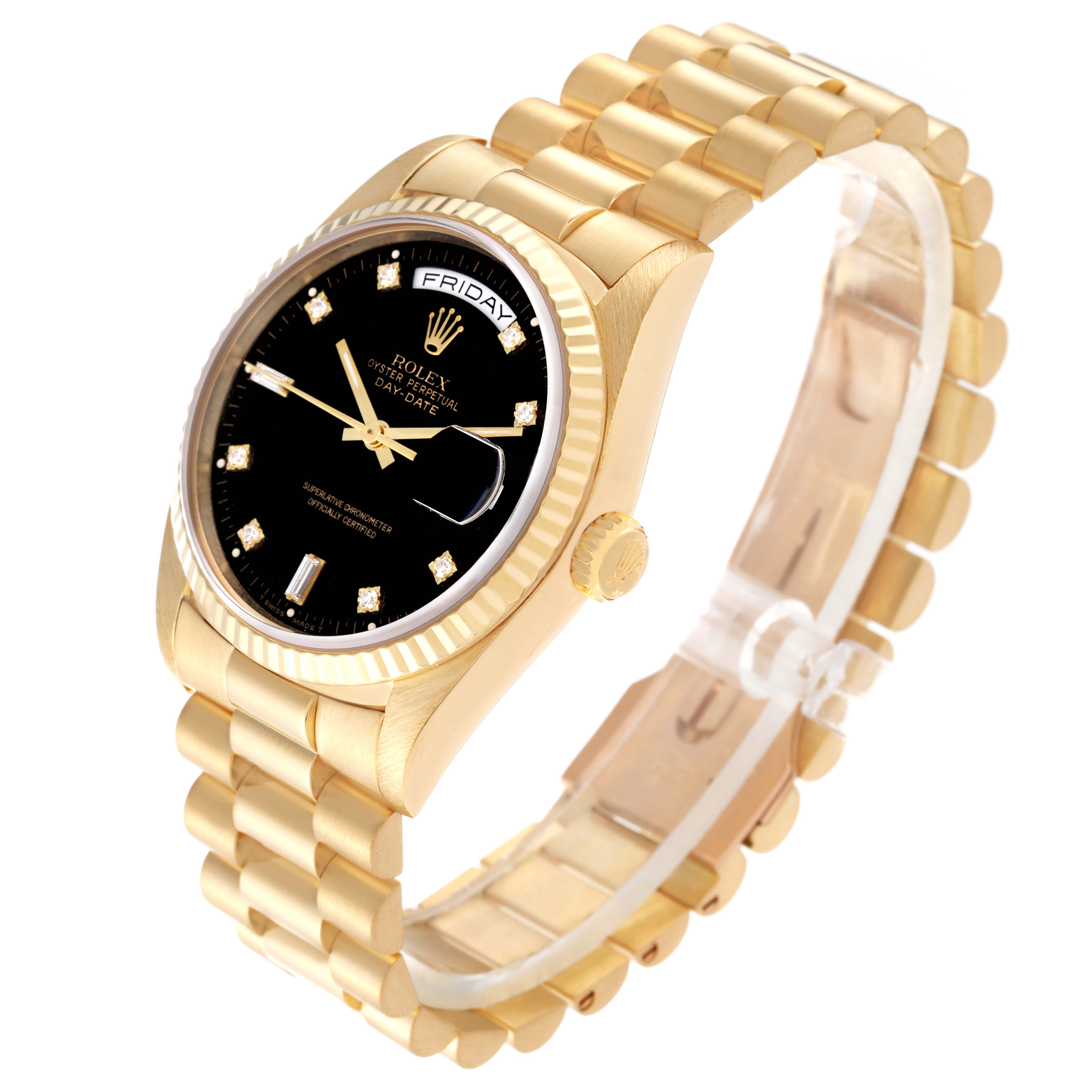 This image shows a Rolex President 18238 Men's Yellow Gold Black Dial 18238 Men's Yellow Gold Black Dial model watch at a three-quarter angle, highlighting its gold bracelet, black dial, and day-date display.
