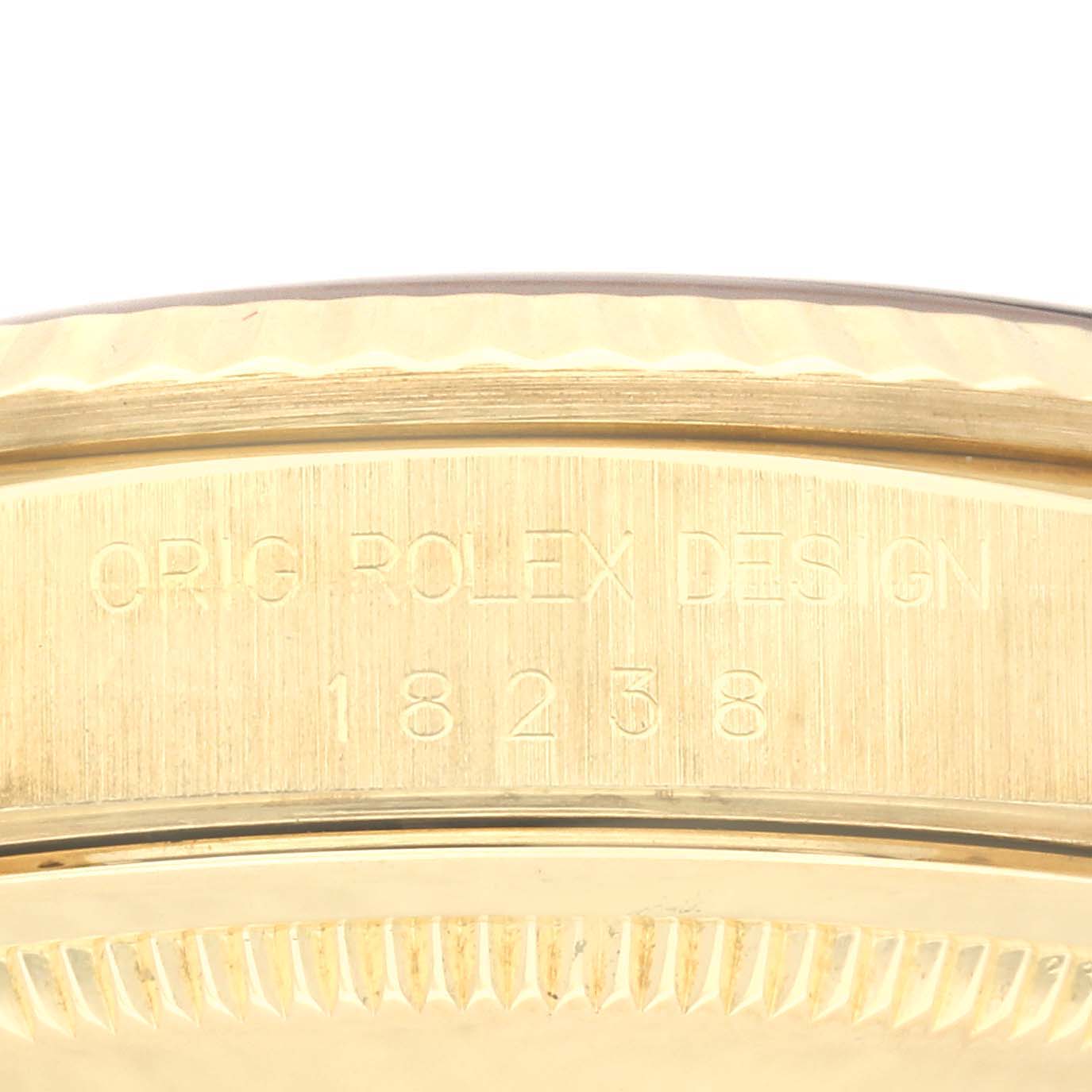 This image shows the side engraving with the model number "18238" on a Rolex President 18238 Men's Yellow Gold Black Dial 18238 Men's Yellow Gold Black Dial watch.