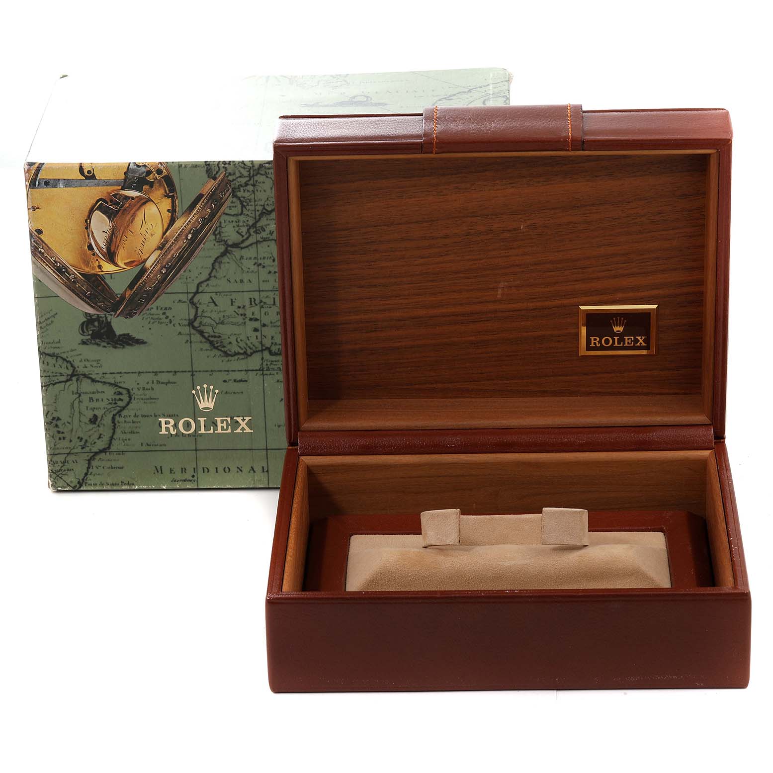 The image shows an open wooden display box for a Rolex President 18038 Men's Yellow Gold Champagne Dial 18038 Men's Yellow Gold Champagne Dial model watch, accompanied by its branded outer box.