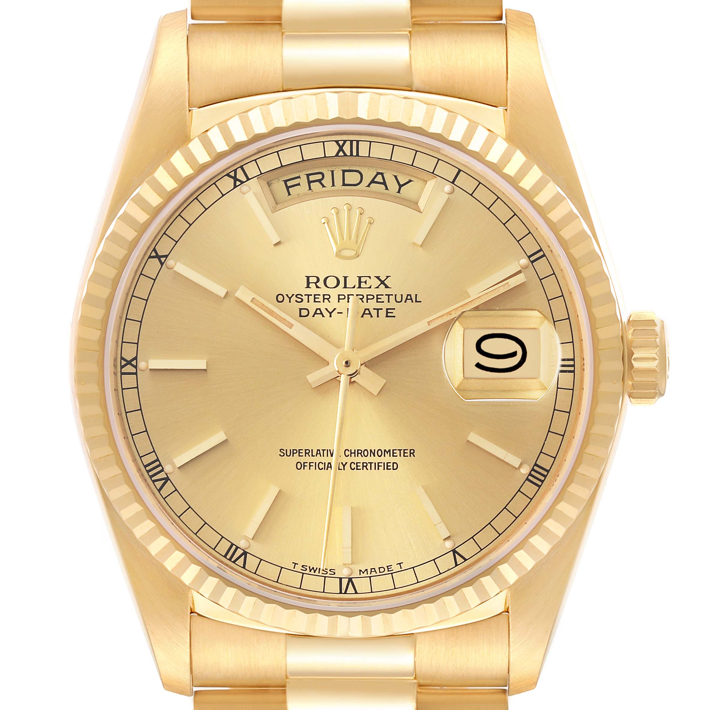 The image shows a front view of the Rolex President 18038 Men's Yellow Gold Champagne Dial 18038 Men's Yellow Gold Champagne Dial Day-Date watch, displaying the dial, bezel, and part of the bracelet.