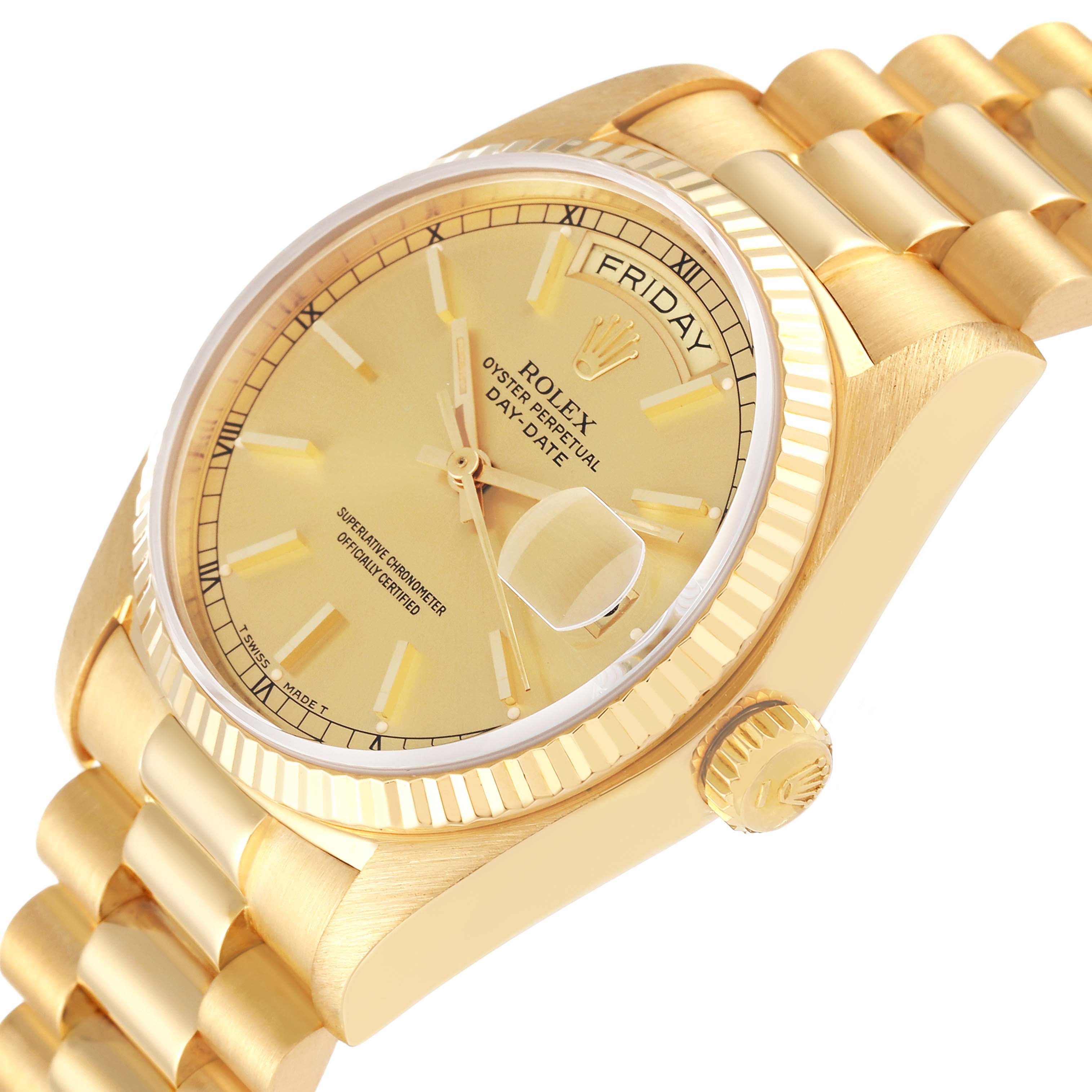 The Rolex President 18038 Men's Yellow Gold Champagne Dial 18038 Men's Yellow Gold Champagne Dial model watch is shown at a slight angle, displaying the face, dial, bezel, and part of the bracelet.
