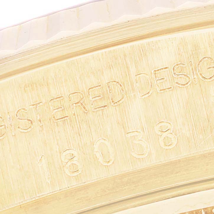 This image shows a close-up of the engraved model number "18038" on the case side of a Rolex President 18038 Men's Yellow Gold Champagne Dial 18038 Men's Yellow Gold Champagne Dial watch.