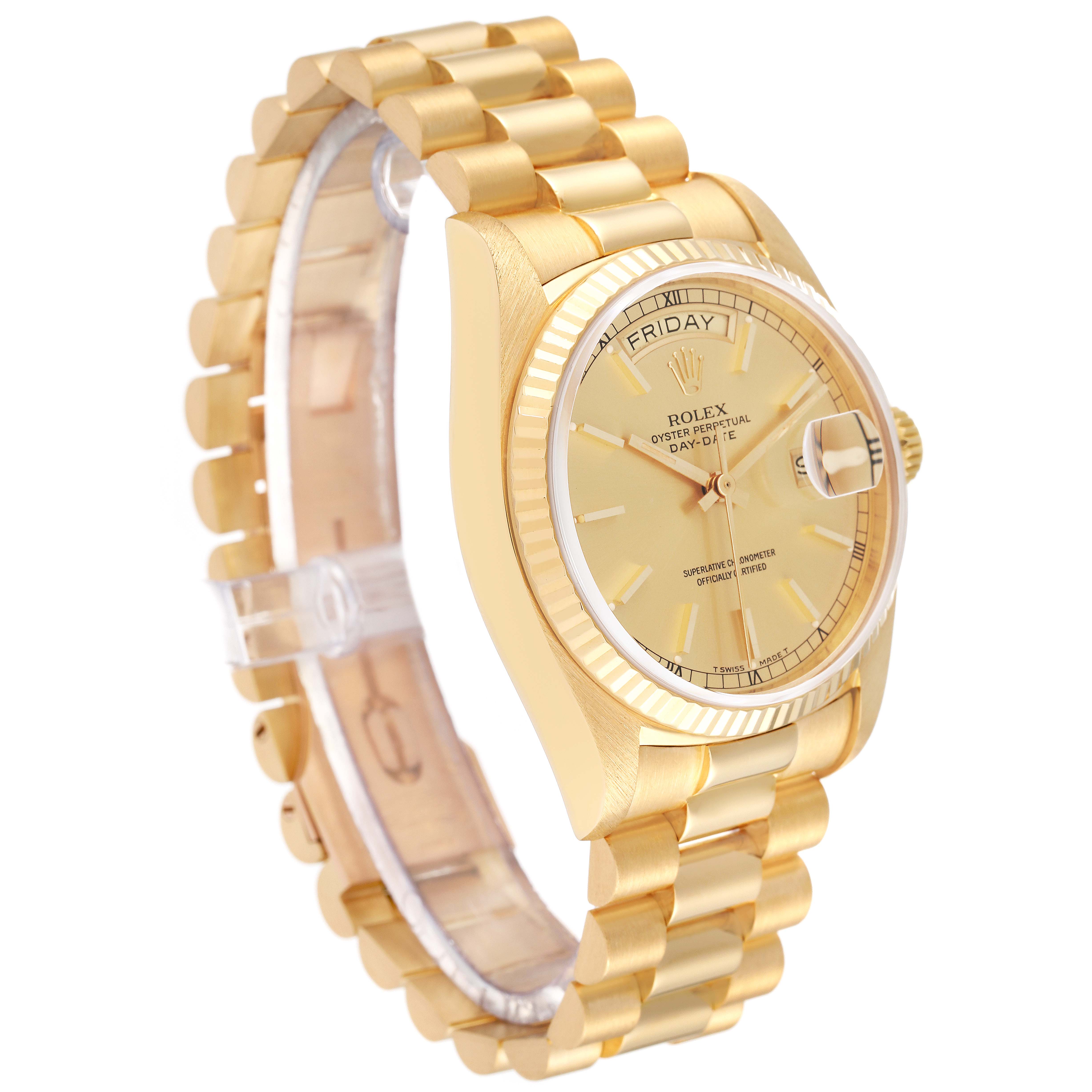 The image shows a side view of a Rolex President 18038 Men's Yellow Gold Champagne Dial 18038 Men's Yellow Gold Champagne Dial model watch, highlighting its gold bracelet, bezel, and dial.