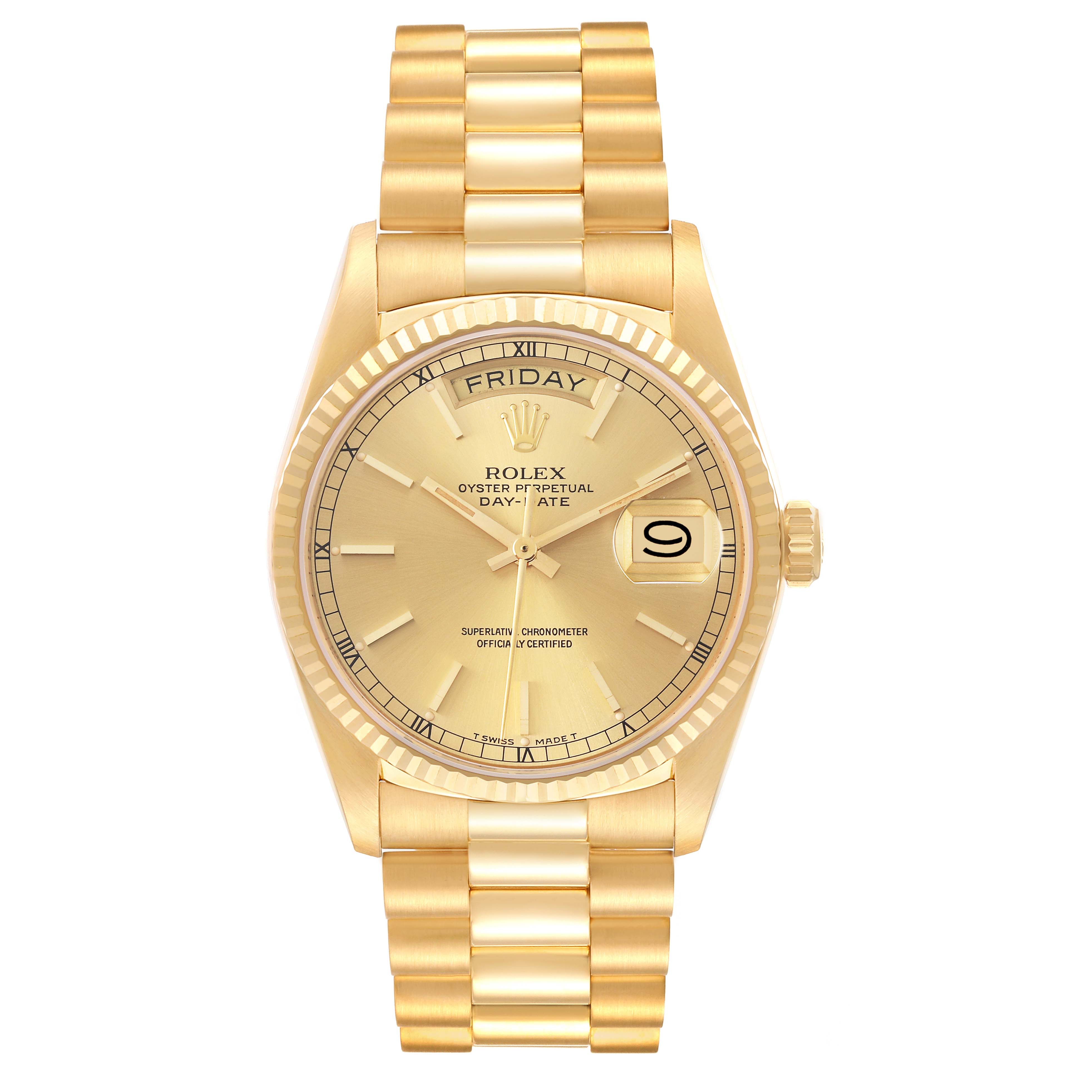 This is a front-facing view of a Rolex President 18038 Men's Yellow Gold Champagne Dial 18038 Men's Yellow Gold Champagne Dial model watch, displaying its gold bracelet, dial, day, and date features.