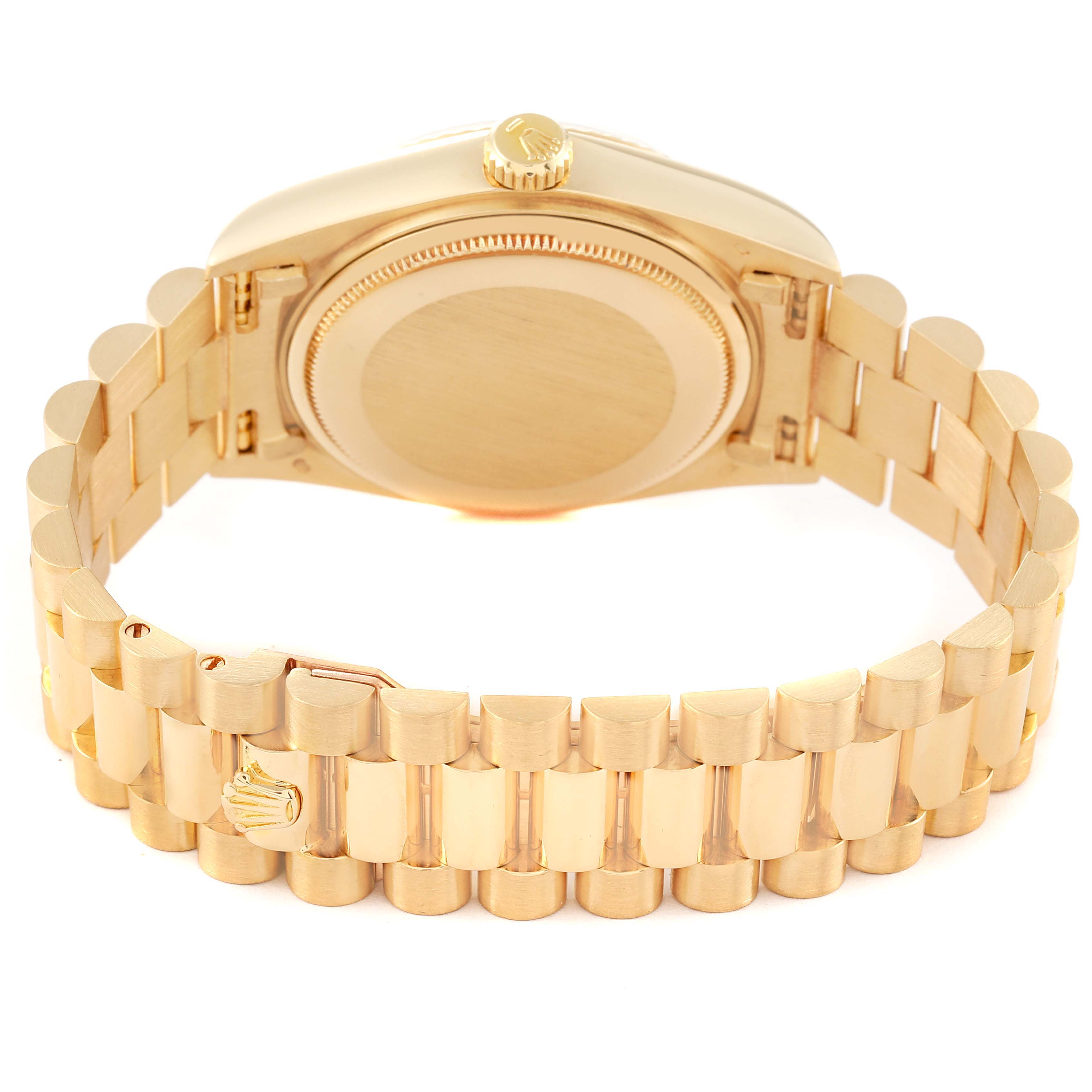 The image shows the back view of a gold Rolex President 18038 Men's Yellow Gold Champagne Dial 18038 Men's Yellow Gold Champagne Dial model watch, highlighting its bracelet and case back.