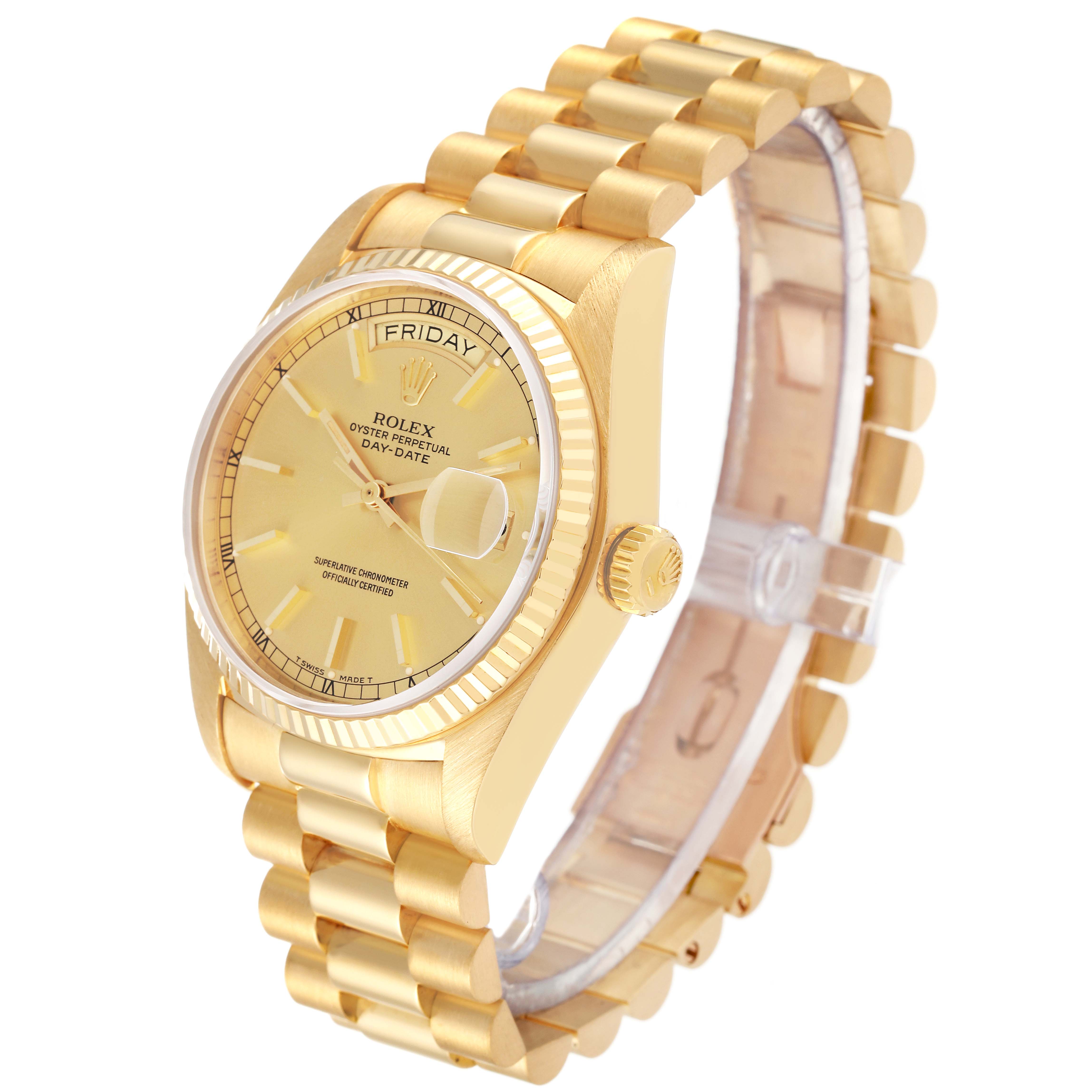 The image shows a Rolex President 18038 Men's Yellow Gold Champagne Dial 18038 Men's Yellow Gold Champagne Dial model watch at a slight angle, highlighting the face, bezel, crown, and bracelet.