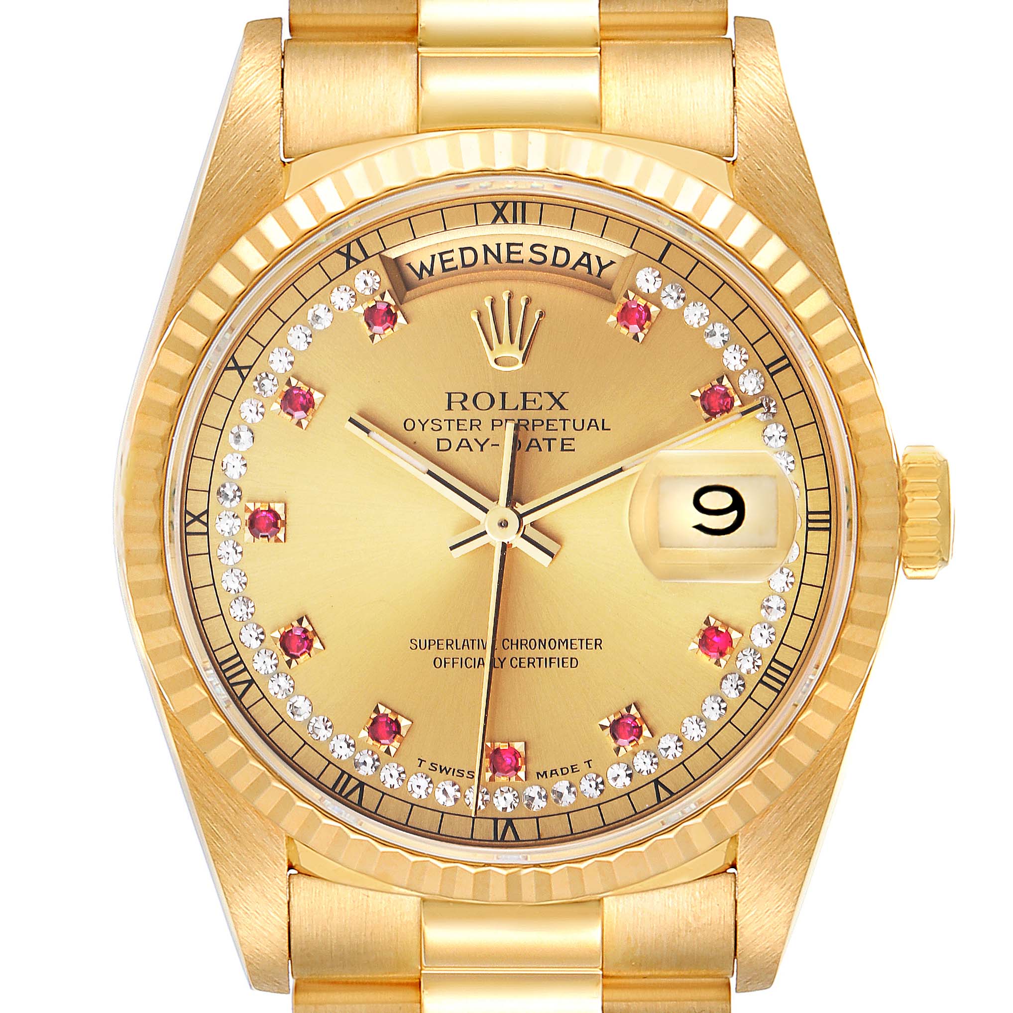 The image shows a front view of a Rolex President 18238 Men
s Yellow Gold Champagne Dial 18238 Men
s Yellow Gold Champagne Dial model watch, highlighting the dial, hands, date display, and bracelet links.