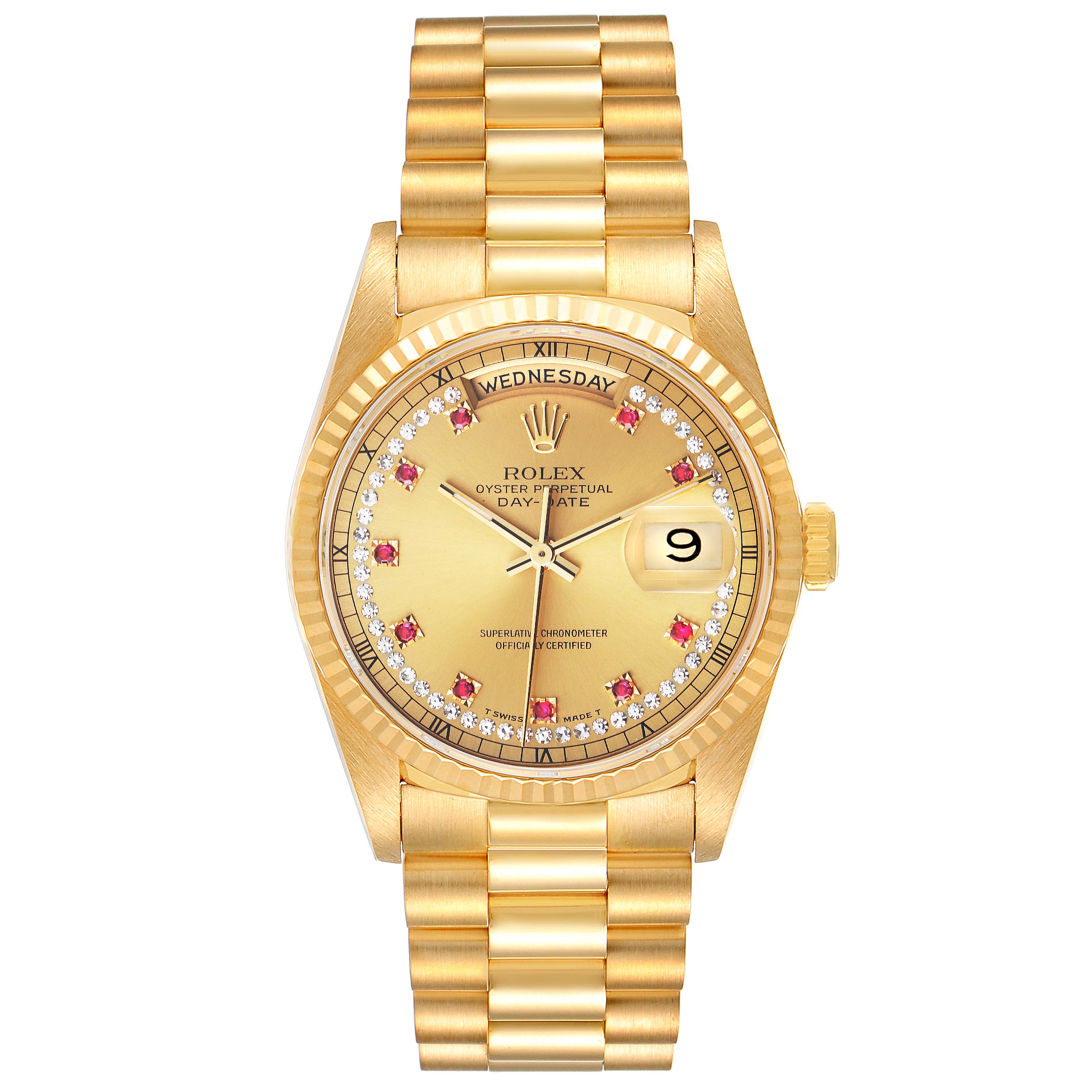 The image shows a frontal view of the Rolex President 18238 Men
s Yellow Gold Champagne Dial 18238 Men
s Yellow Gold Champagne Dial model watch, displaying its dial, bezel, and bracelet.