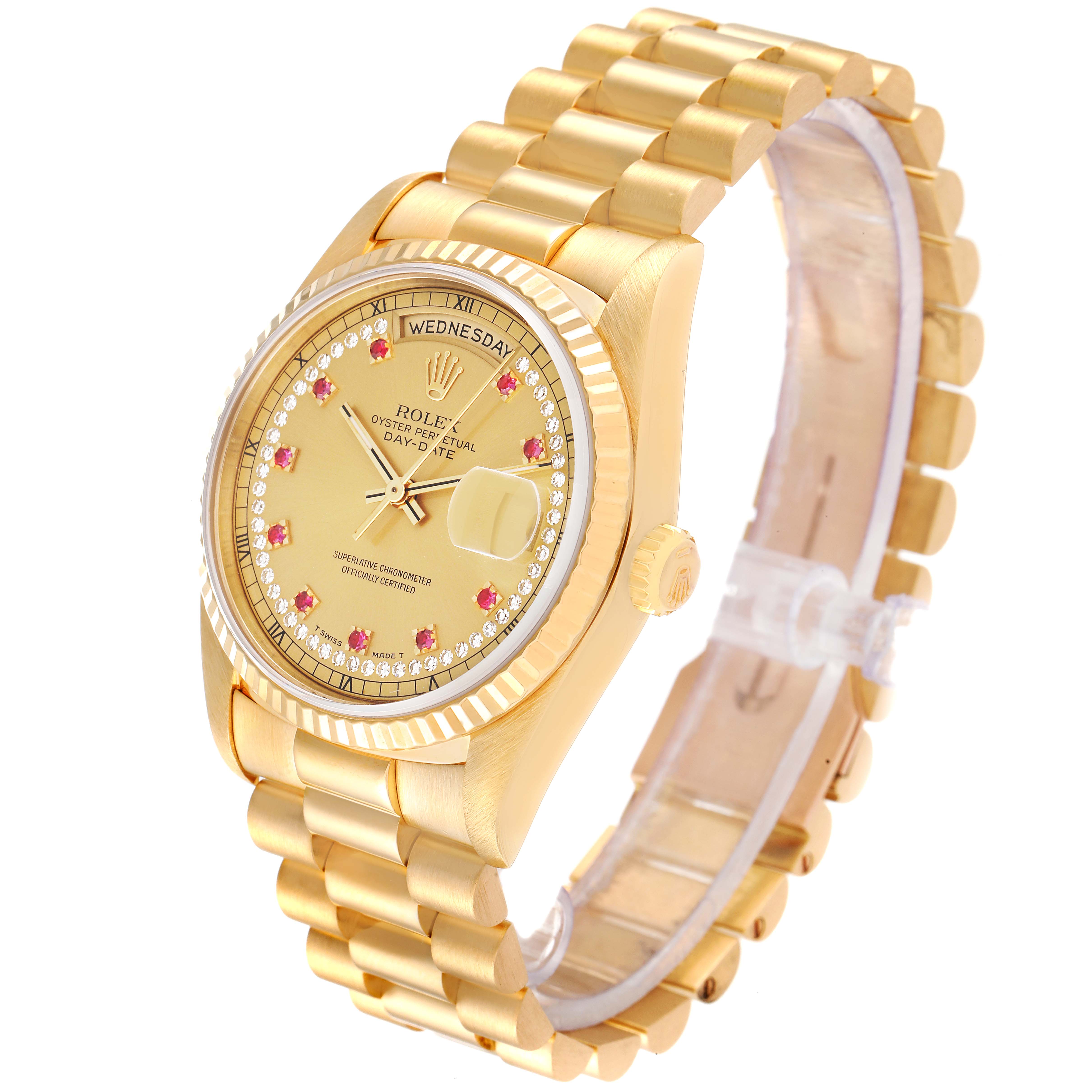 The image shows a Rolex President 18238 Men
s Yellow Gold Champagne Dial 18238 Men
s Yellow Gold Champagne Dial model watch from an angle highlighting its face, bezel, crown, and full bracelet.