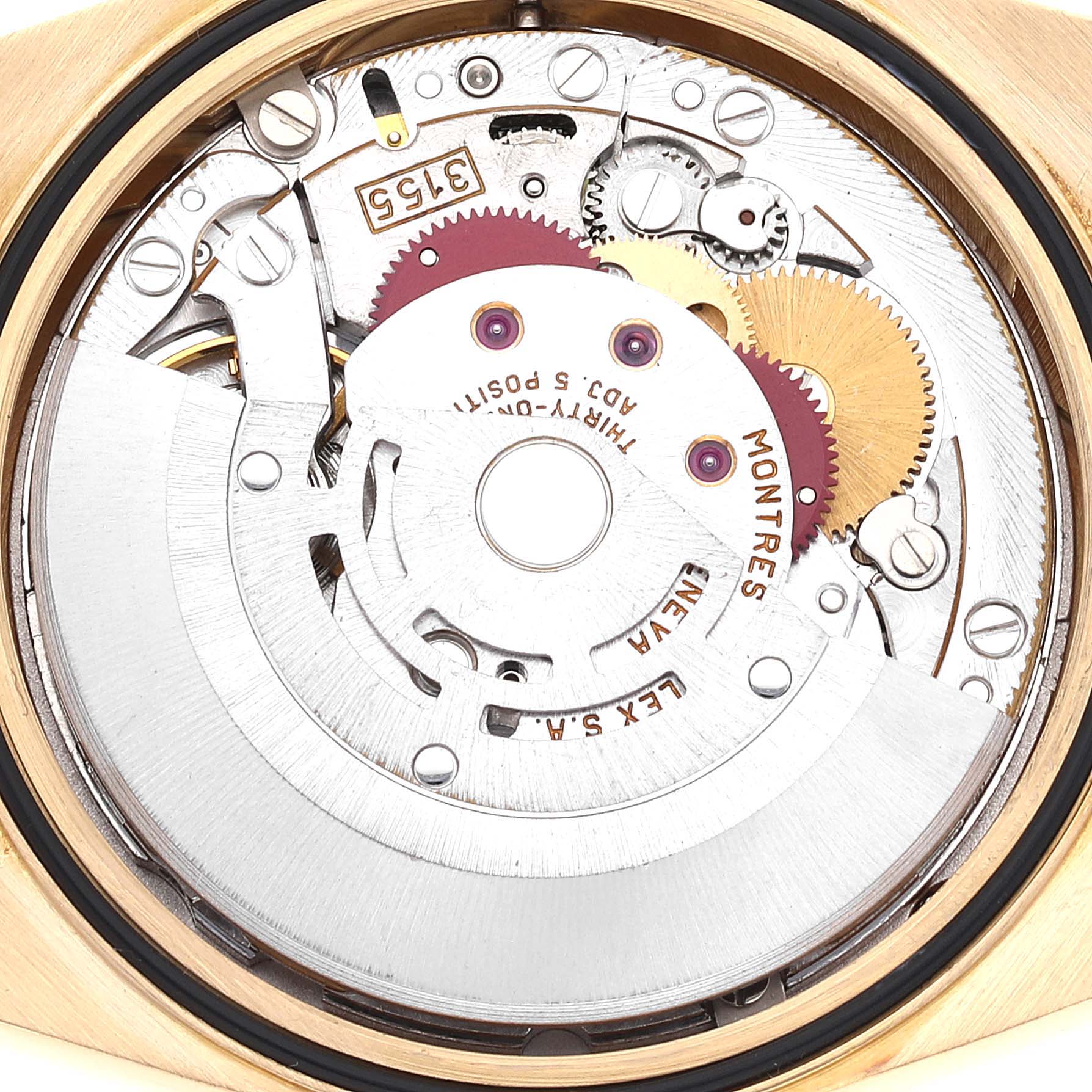 This image shows a close-up of the movement mechanism inside a Rolex President 18238 Men
s Yellow Gold Champagne Dial 18238 Men
s Yellow Gold Champagne Dial model watch.