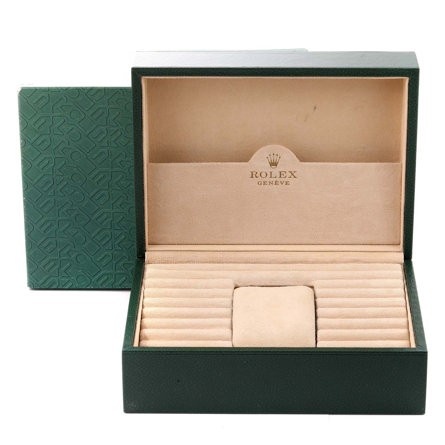 The image shows an opened green Rolex box, specifically designed for the President model watch, displaying its interior compartments.
