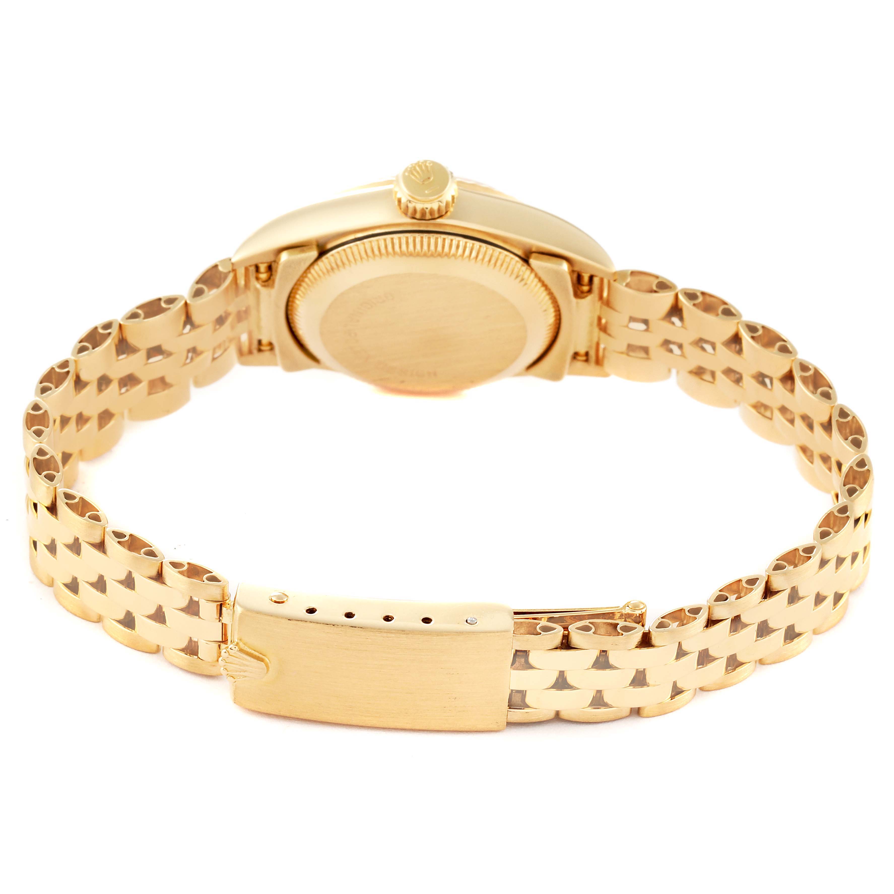 The image shows the backside, bracelet, and clasp of a Rolex President 67198 Women
s Yellow Gold Champagne Dial 67198 Women
s Yellow Gold Champagne Dial model watch.