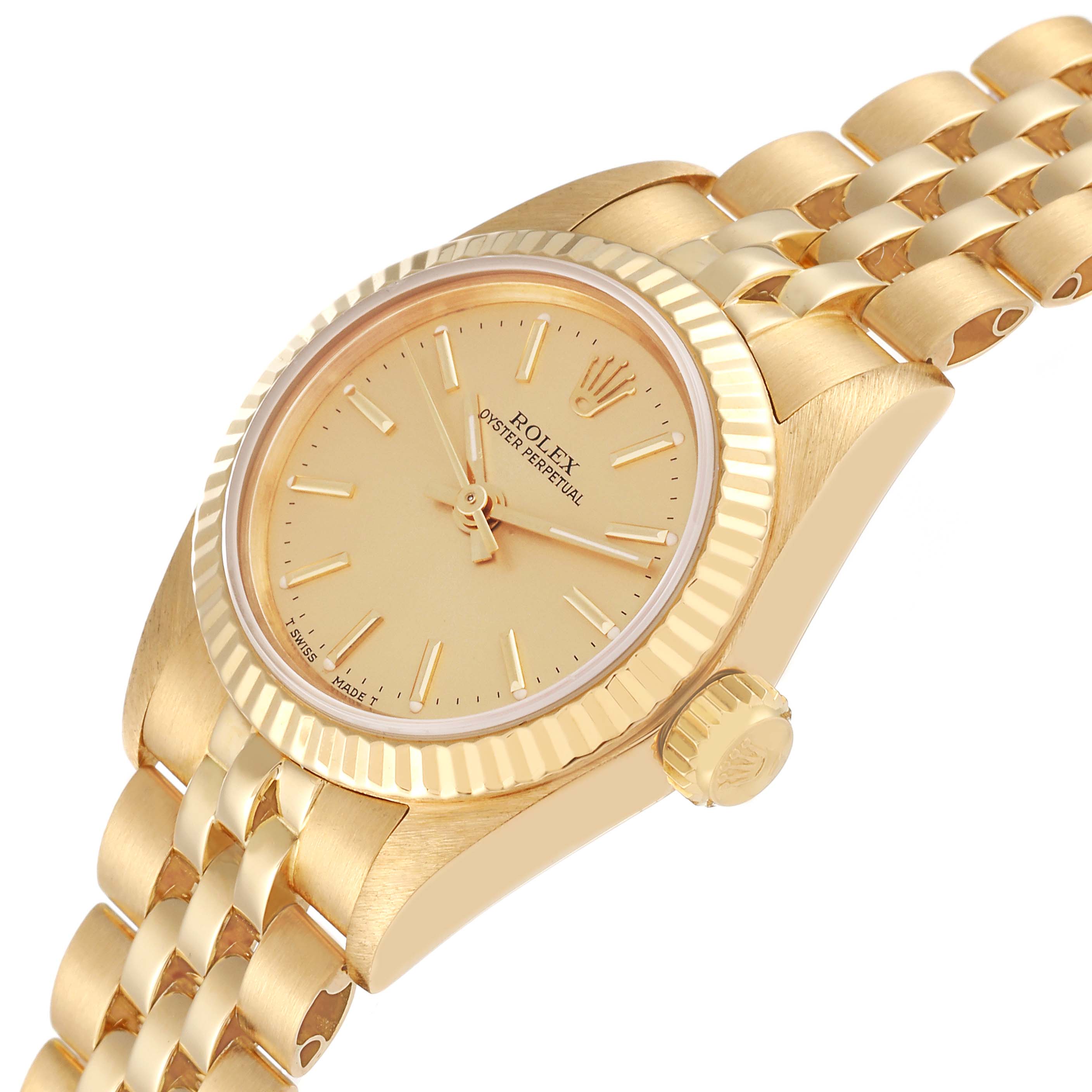 The Rolex President 67198 Women
s Yellow Gold Champagne Dial 67198 Women
s Yellow Gold Champagne Dial model watch is shown at an angle displaying its gold case, fluted bezel, crown, dial, and part of the bracelet.