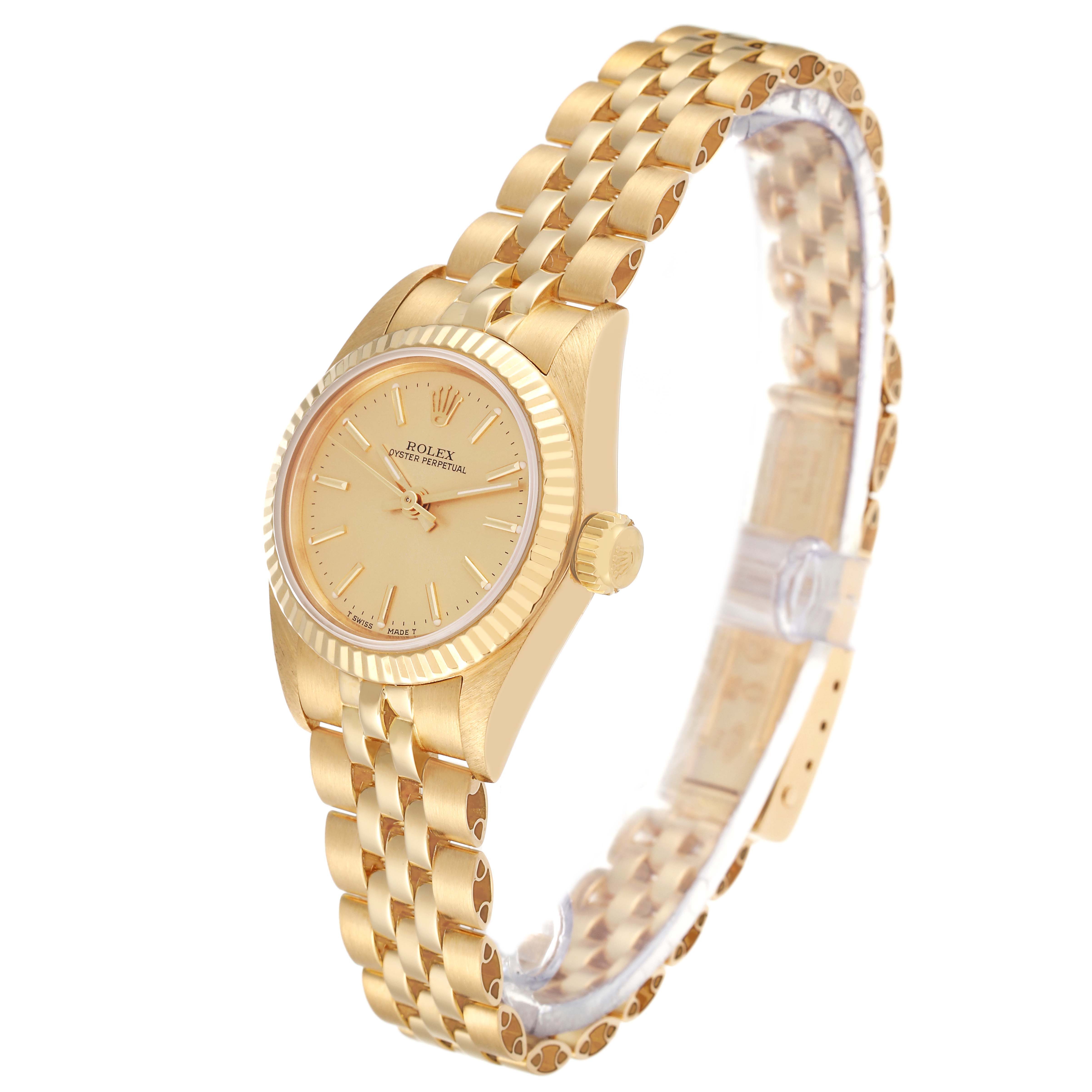 The Rolex President 67198 Women
s Yellow Gold Champagne Dial 67198 Women
s Yellow Gold Champagne Dial model watch is shown at a side angle, highlighting the dial, case, crown, and bracelet.