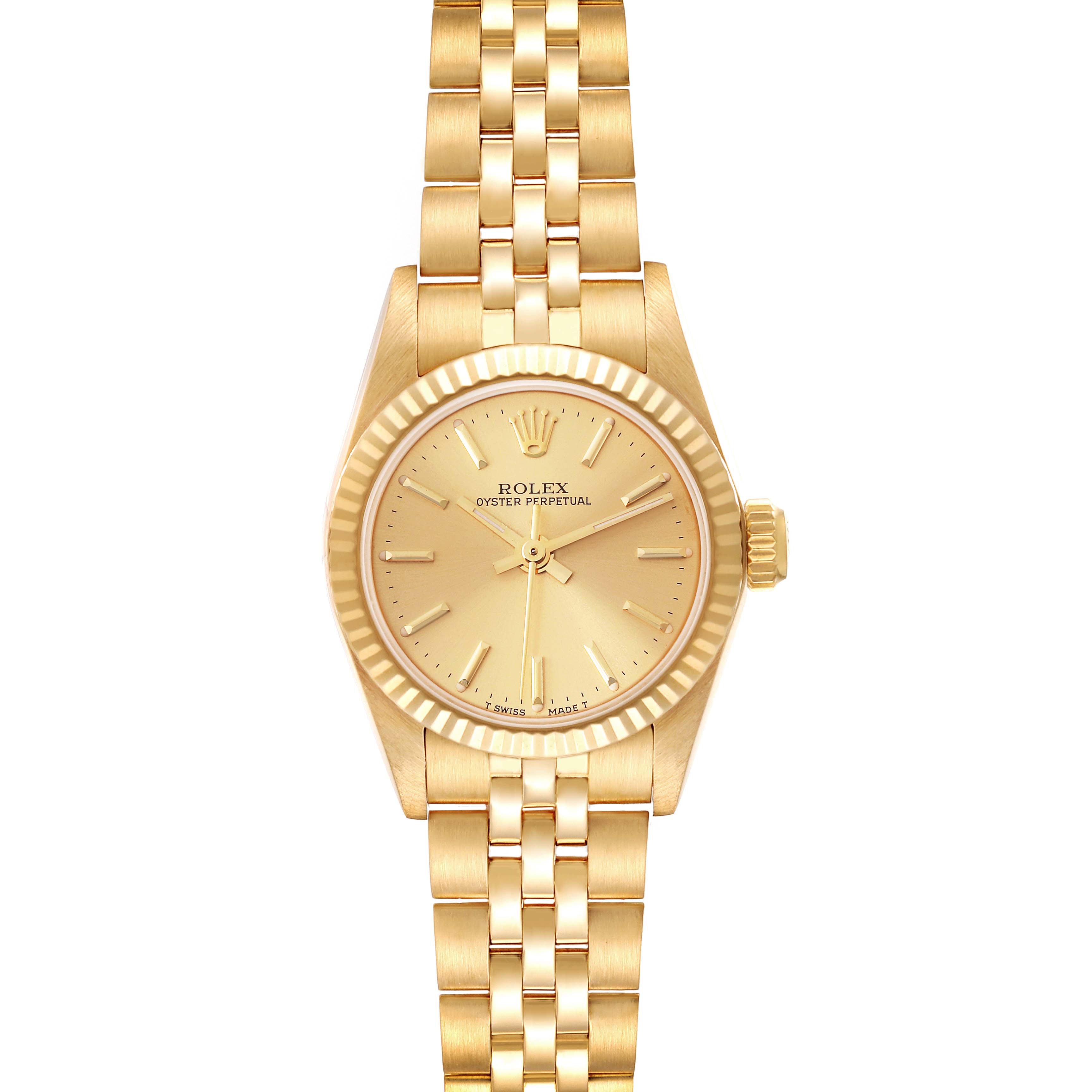 This image shows a frontal view of the Rolex President 67198 Women
s Yellow Gold Champagne Dial 67198 Women
s Yellow Gold Champagne Dial model watch, displaying its dial, bezel, crown, and bracelet.