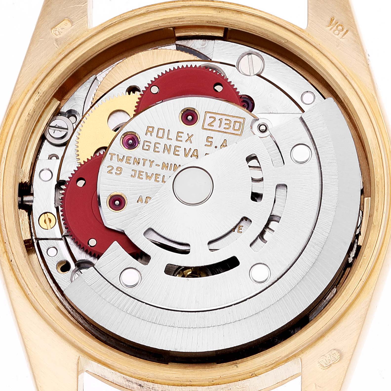 The image shows the inner movement mechanism of a Rolex President 67198 Women
s Yellow Gold Champagne Dial 67198 Women
s Yellow Gold Champagne Dial model watch.