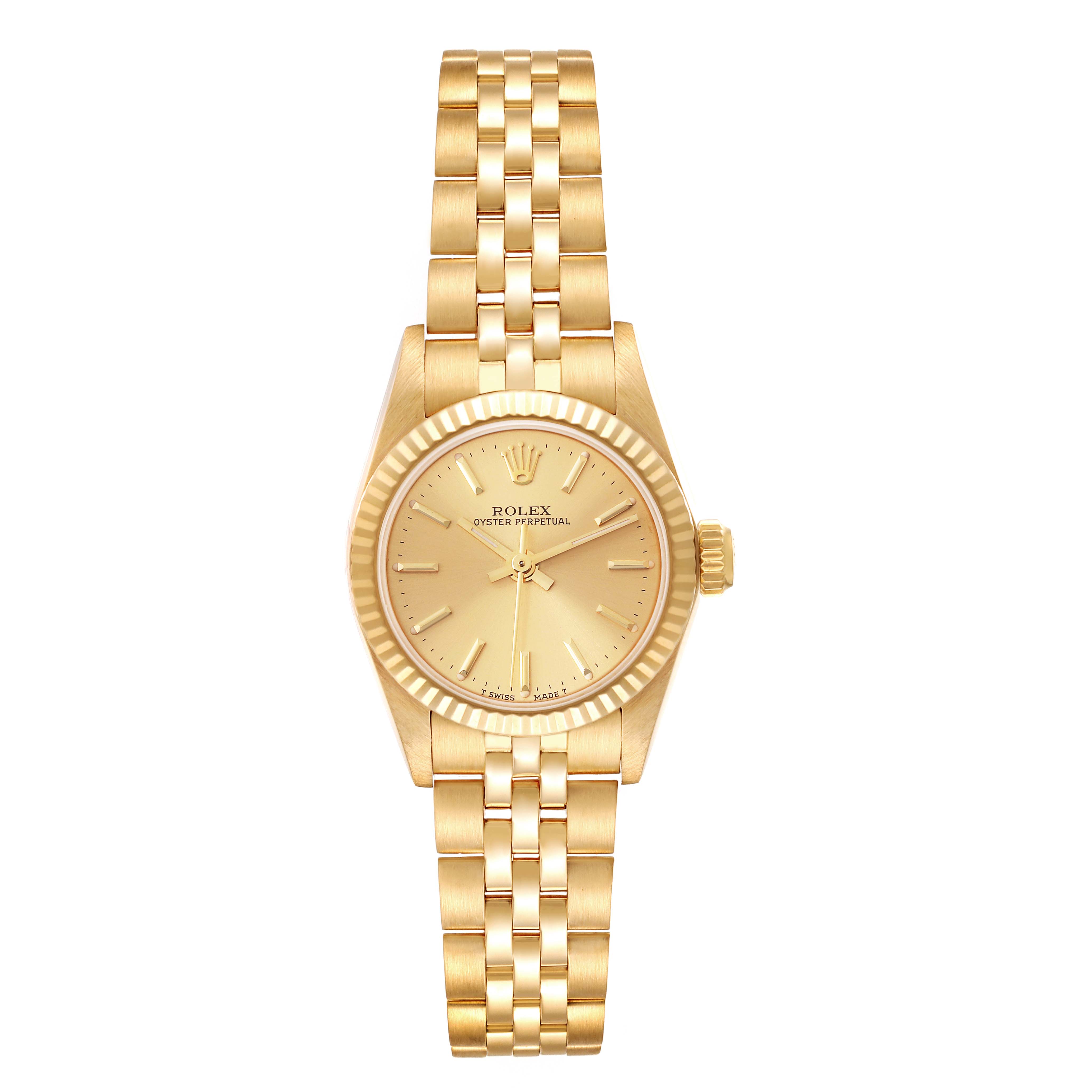 The image shows a frontal view of a Rolex President 67198 Women
s Yellow Gold Champagne Dial 67198 Women
s Yellow Gold Champagne Dial model watch, including its dial, bezel, and bracelet.
