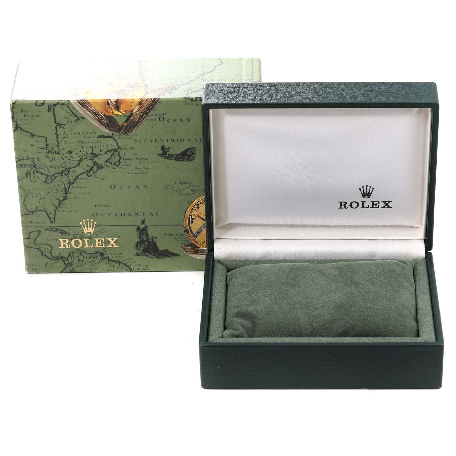 The image shows a Rolex President 67198 Women
s Yellow Gold Champagne Dial 67198 Women
s Yellow Gold Champagne Dial watch box and its presentation case from a front angle, with the inner cushion visible.