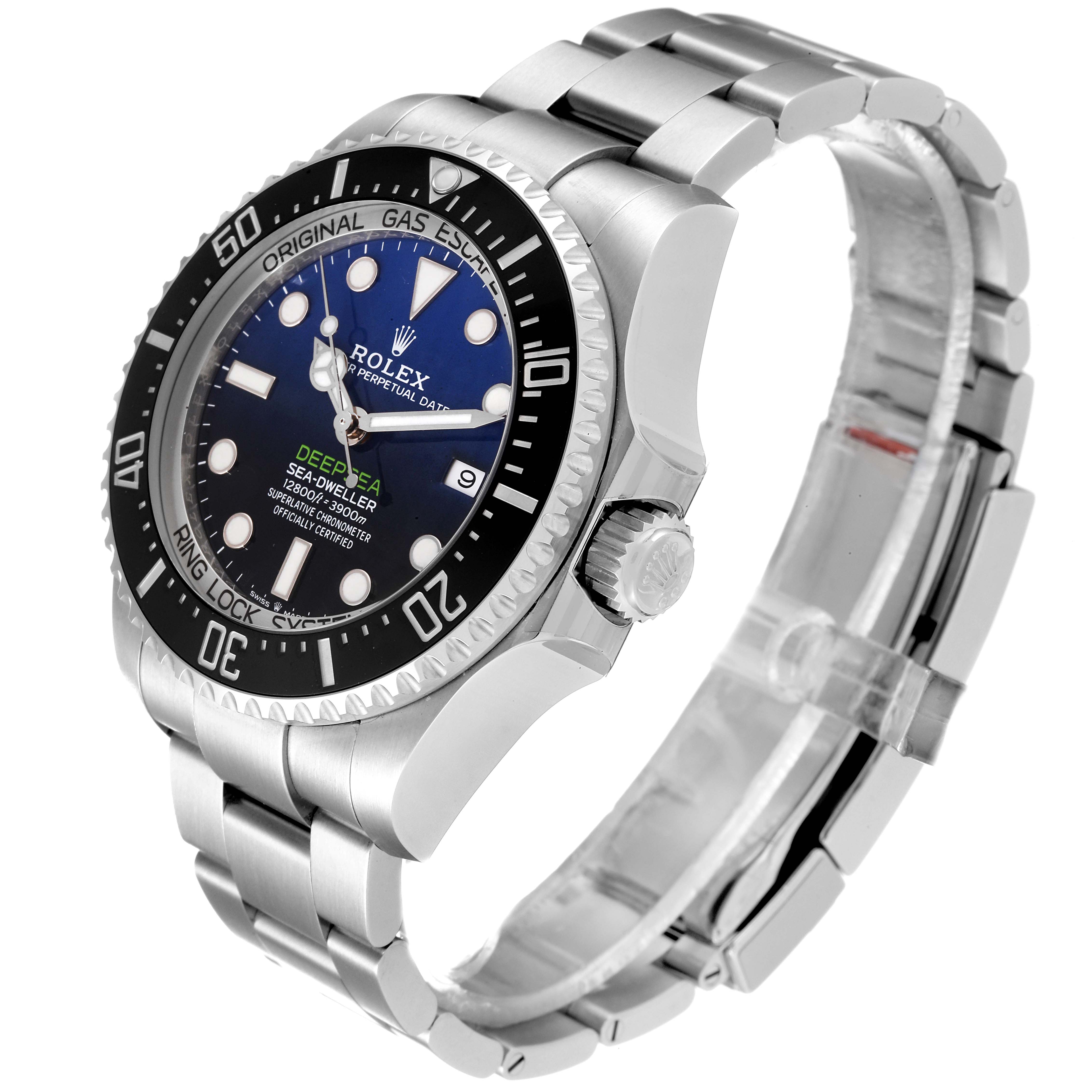 The image shows a side and front angle of a Rolex Sea-Dweller 126660 Men's Stainless Steel Blue Dial 126660 Men's Stainless Steel Blue Dial watch, displaying the face, bezel, crown, and metal bracelet.