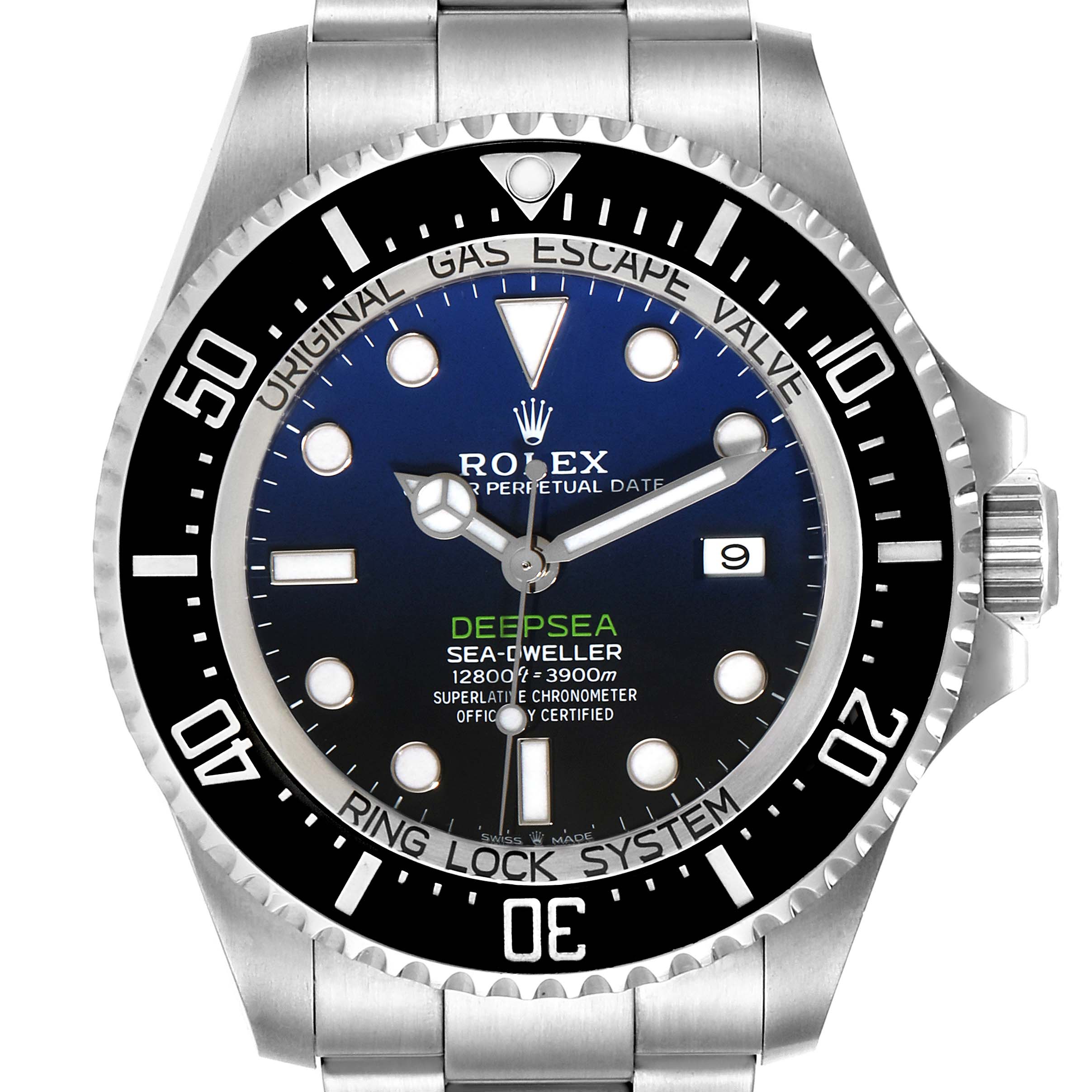 The Rolex Sea-Dweller 126660 Men's Stainless Steel Blue Dial 126660 Men's Stainless Steel Blue Dial watch is shown from a frontal angle, highlighting the dial, bezel, and part of the bracelet.
