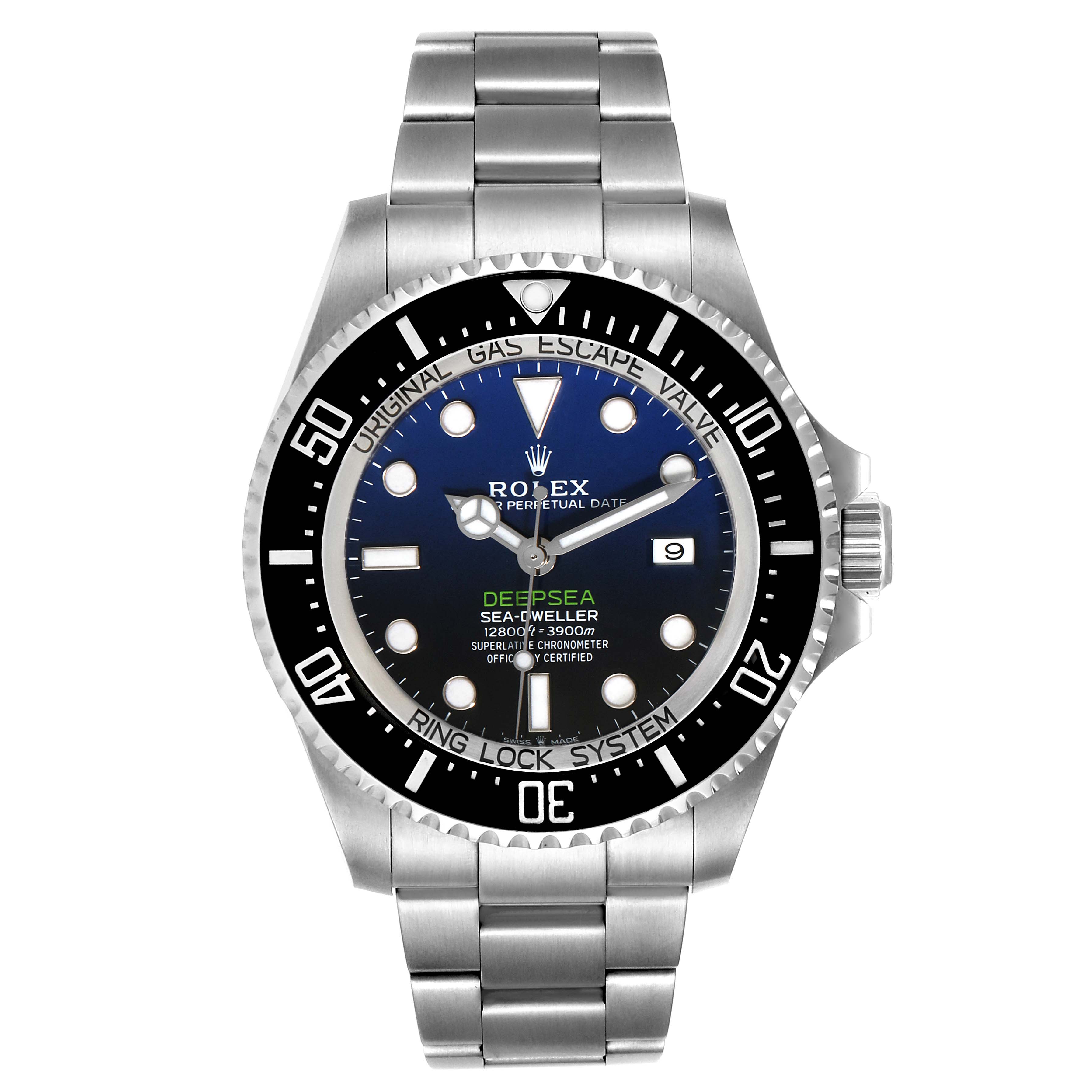 This image shows a front view of a Rolex Sea-Dweller 126660 Men's Stainless Steel Blue Dial 126660 Men's Stainless Steel Blue Dial watch, displaying its face, bezel, and stainless steel bracelet.