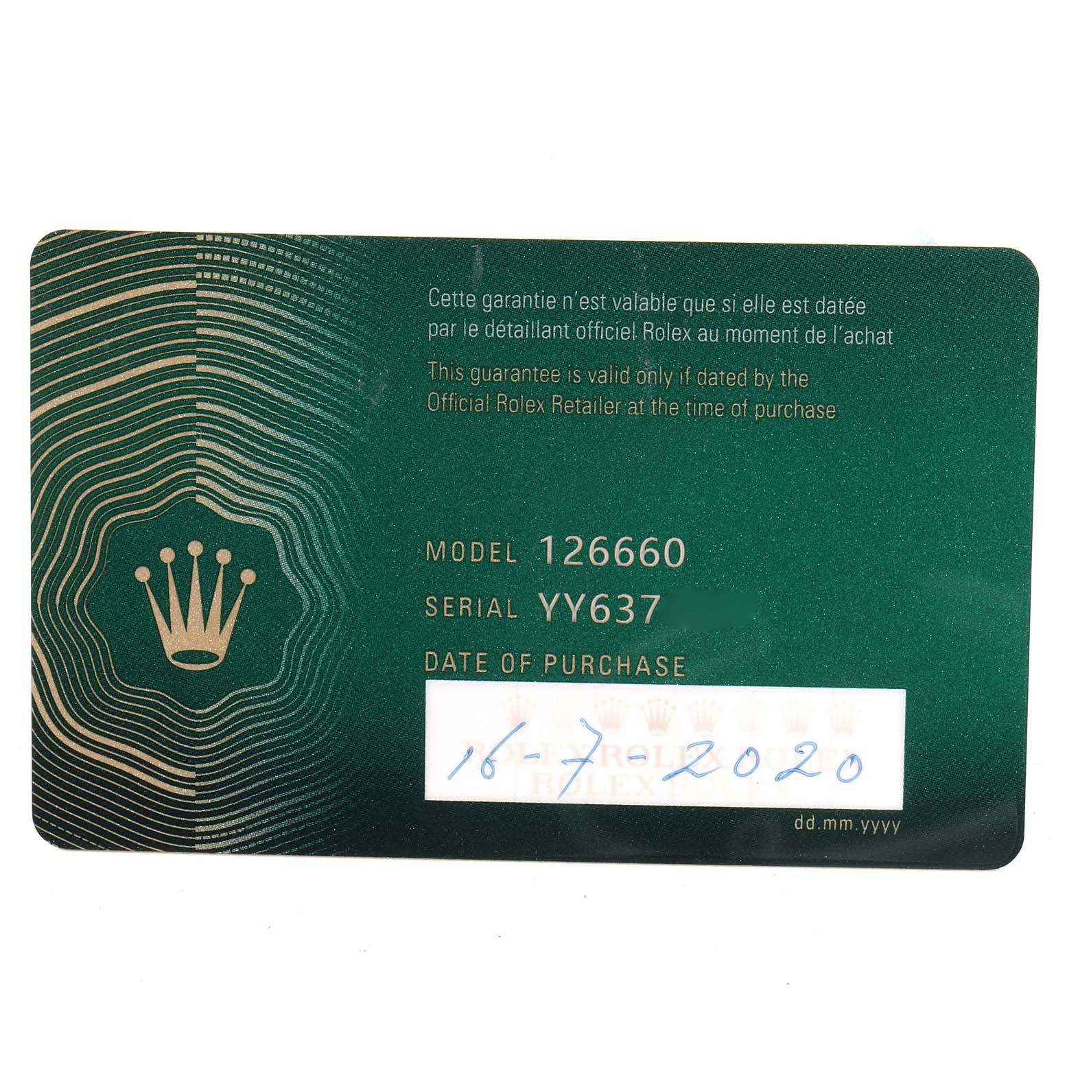 The image shows a warranty card for the Rolex Sea-Dweller 126660 Men's Stainless Steel Blue Dial 126660 Men's Stainless Steel Blue Dial model 126660 with a purchase date of 16-07-2020.